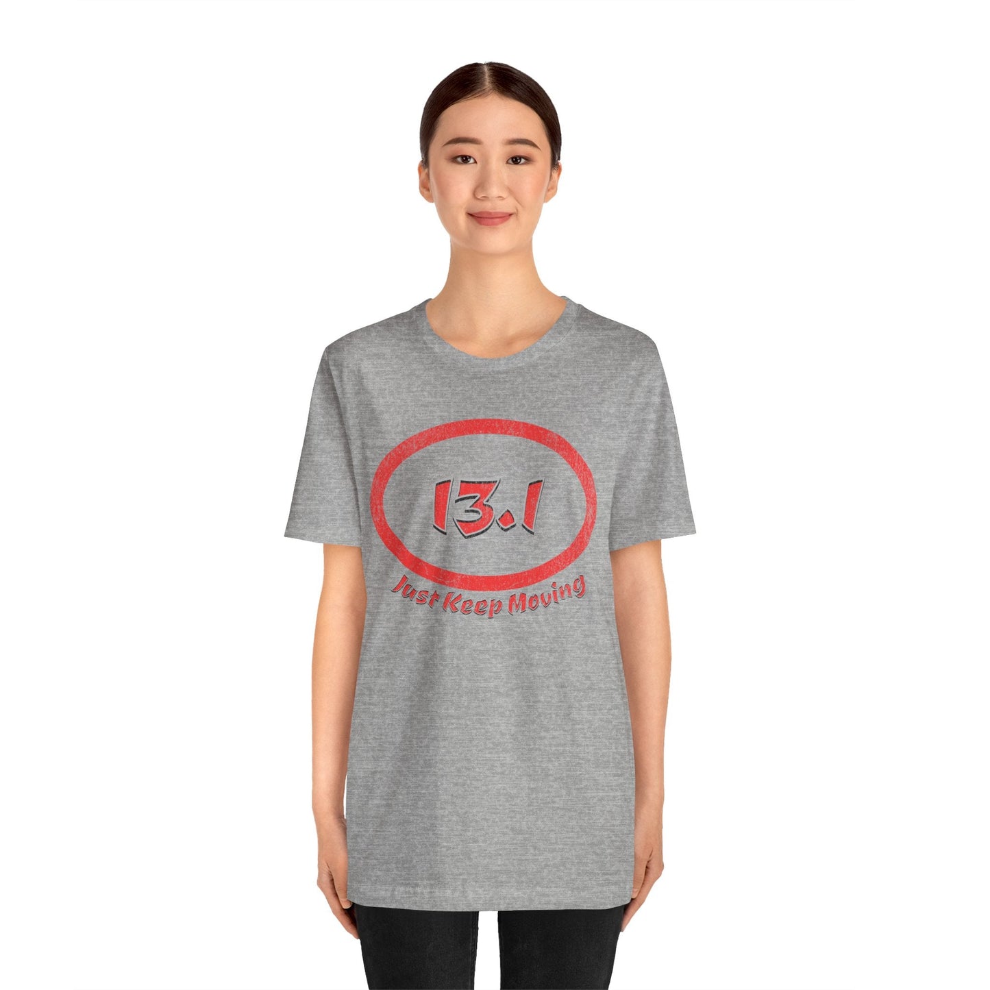 13.1 Marathon Distance Oval (Red w/Just Keep Moving) - Run T-Shirt - Forward Gear Athletics