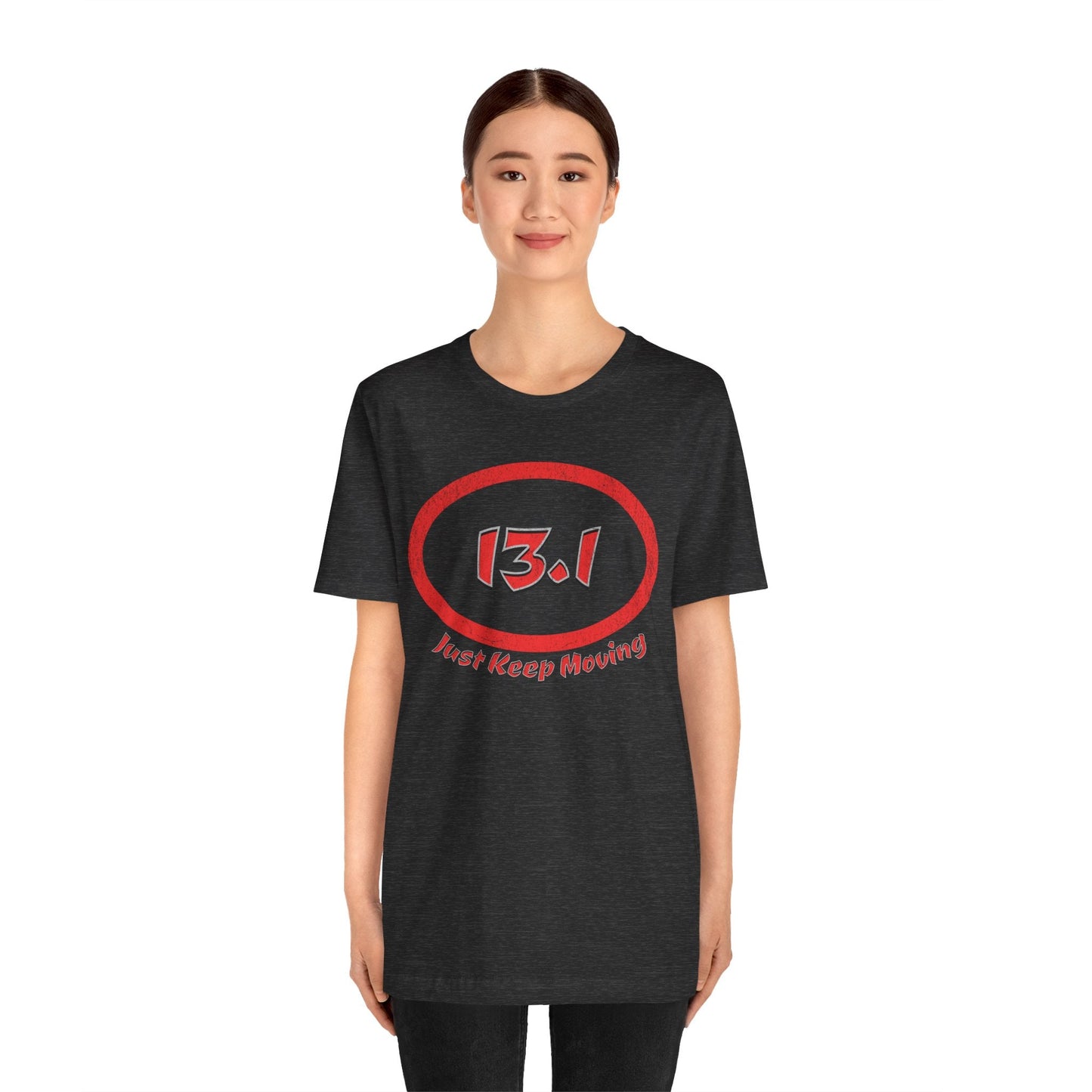 13.1 Marathon Distance Oval (Red w/Just Keep Moving) - Run T-Shirt - Forward Gear Athletics