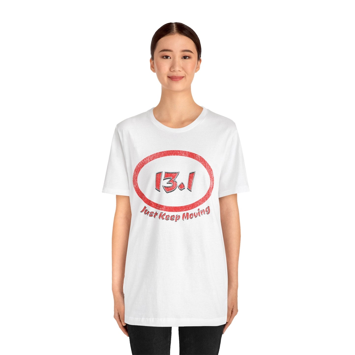 13.1 Marathon Distance Oval (Red w/Just Keep Moving) - Run T-Shirt - Forward Gear Athletics