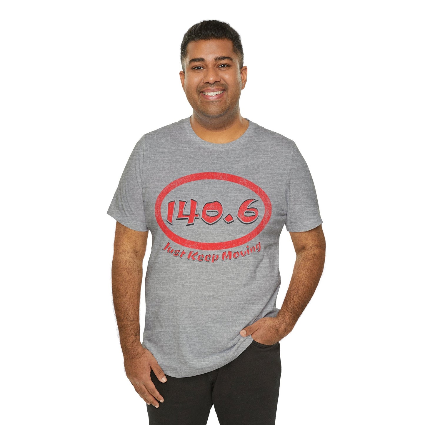 140.6 Triathlon Distance Oval (Red w/Just Keep Moving) - Swim, Bike, Run T-Shirt - Forward Gear Athletics