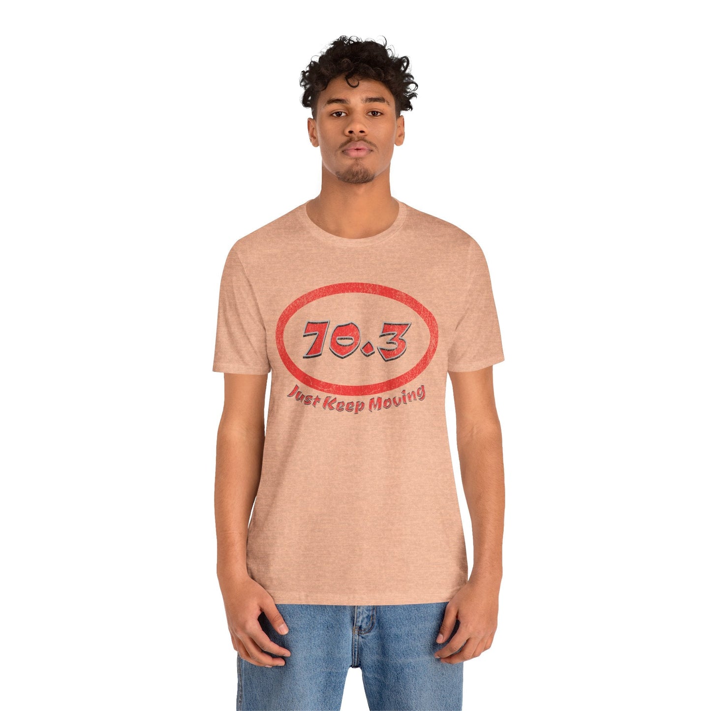 70.3 Triathlon Distance Oval (Red w/Just Keep Moving) - Swim, Bike, Run T-Shirt - Forward Gear Athletics