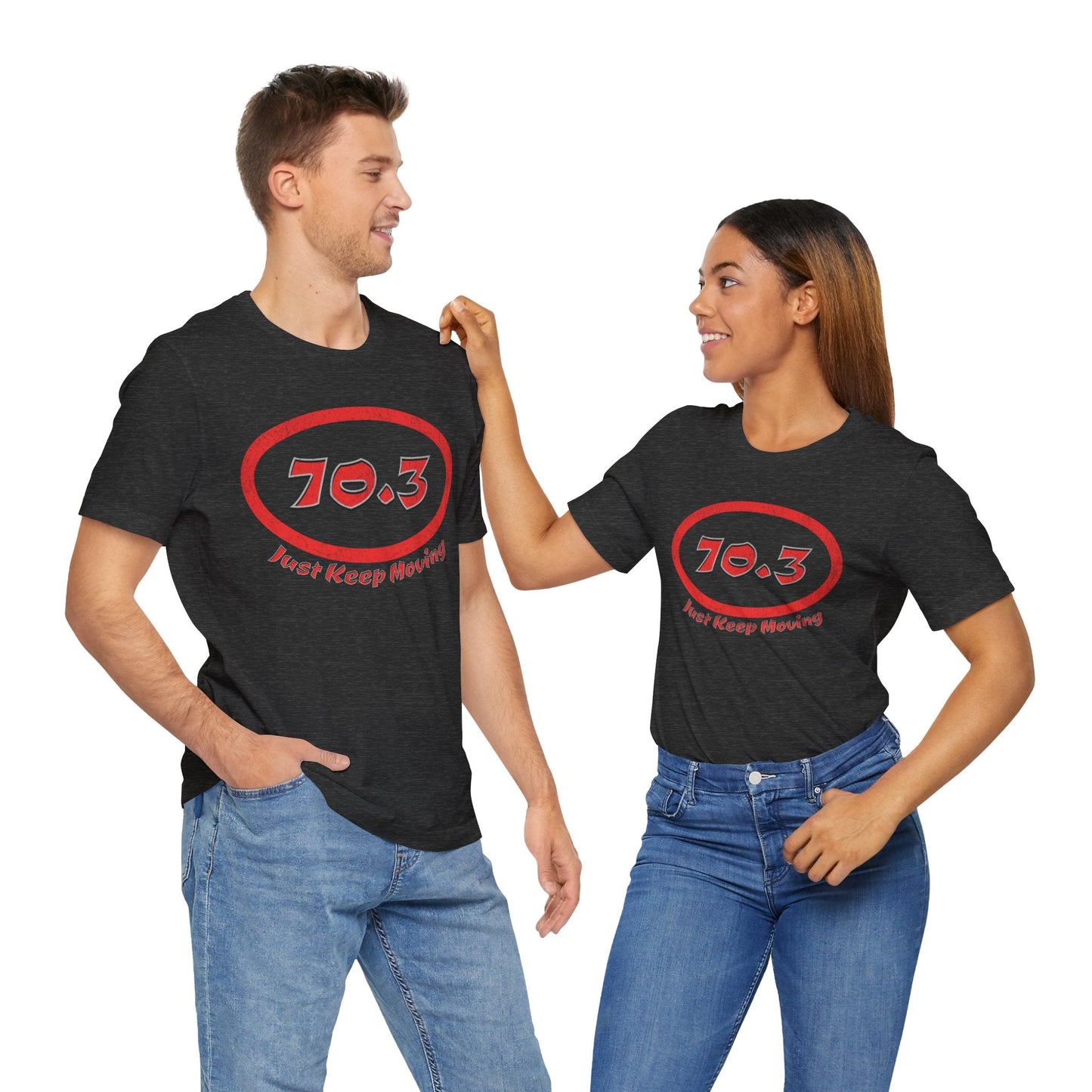 70.3 Triathlon Distance Oval (Red w/Just Keep Moving) - Swim, Bike, Run T-Shirt - Forward Gear Athletics