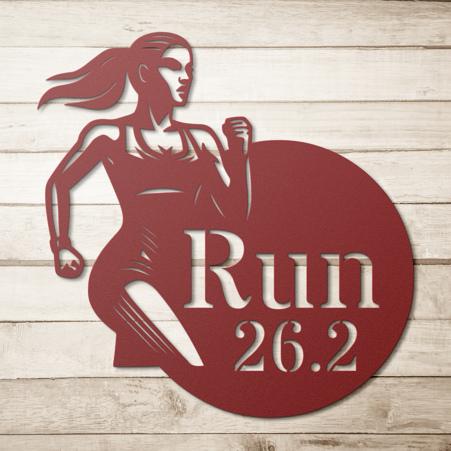 Run_262_Female_Runner_Metal_Wall_Art_Red_Simple_Wood_BKGD_Mockup.png