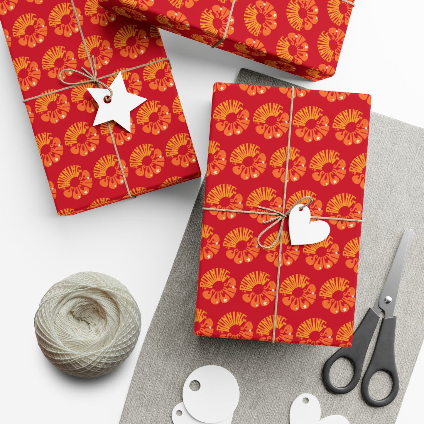 Retro Running Sucks - Running Themed Gift Wrapping Paper - Orange on Red - Forward Gear Athletics