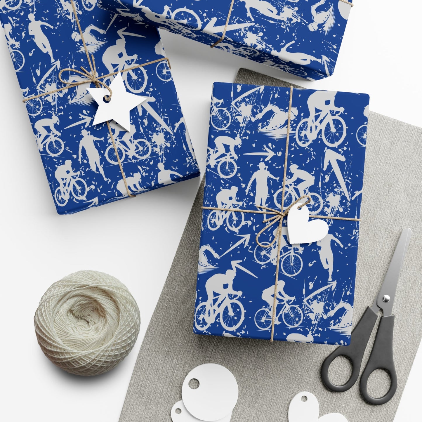 Swim Bike Run Pattern - Triathlon Themed Gift Wrapping Paper - Grey on Blue - Forward Gear Athletics