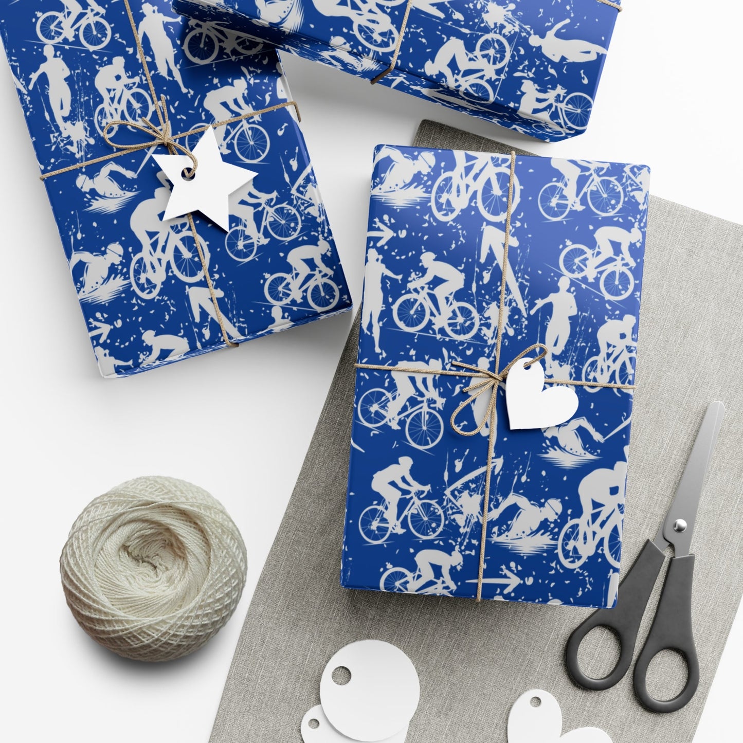 Swim Bike Run Pattern - Triathlon Themed Gift Wrapping Paper - Grey on Blue - Forward Gear Athletics