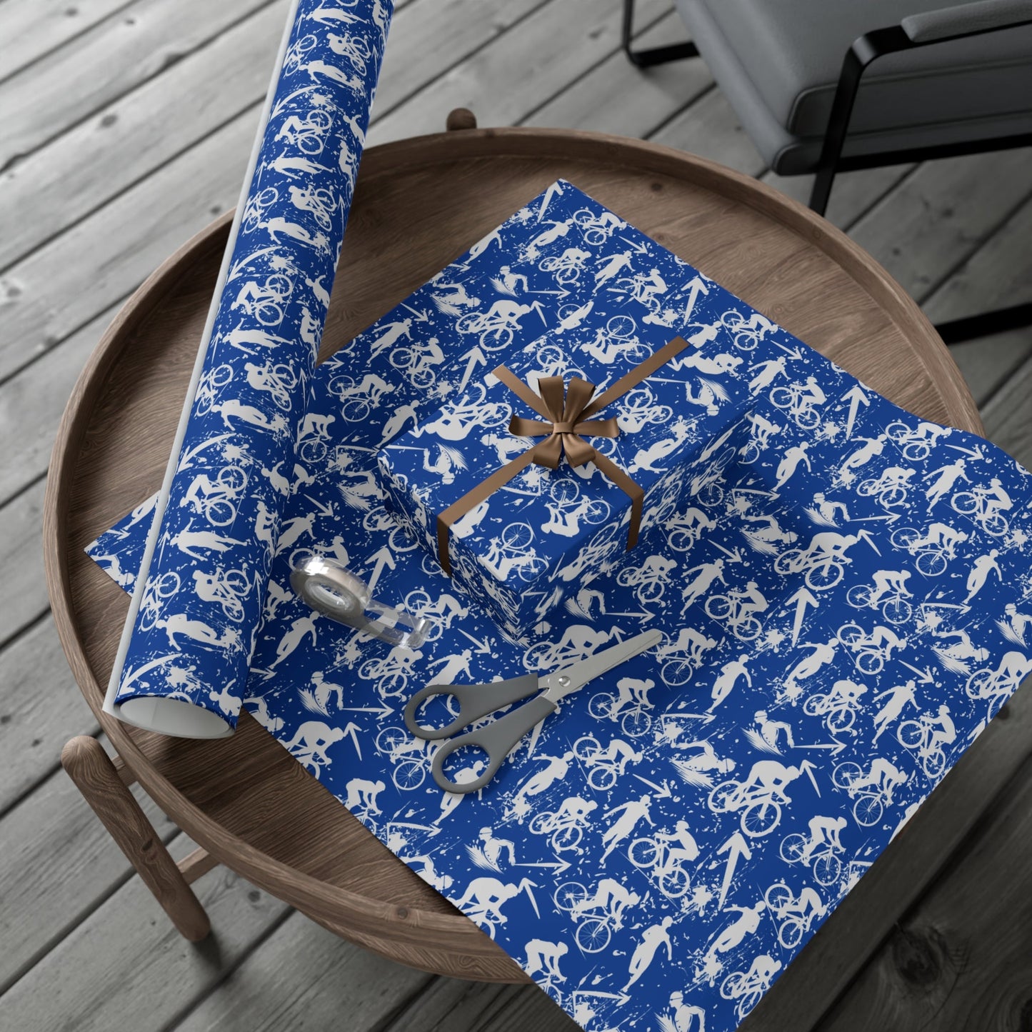 Swim Bike Run Pattern - Triathlon Themed Gift Wrapping Paper - Grey on Blue - Forward Gear Athletics