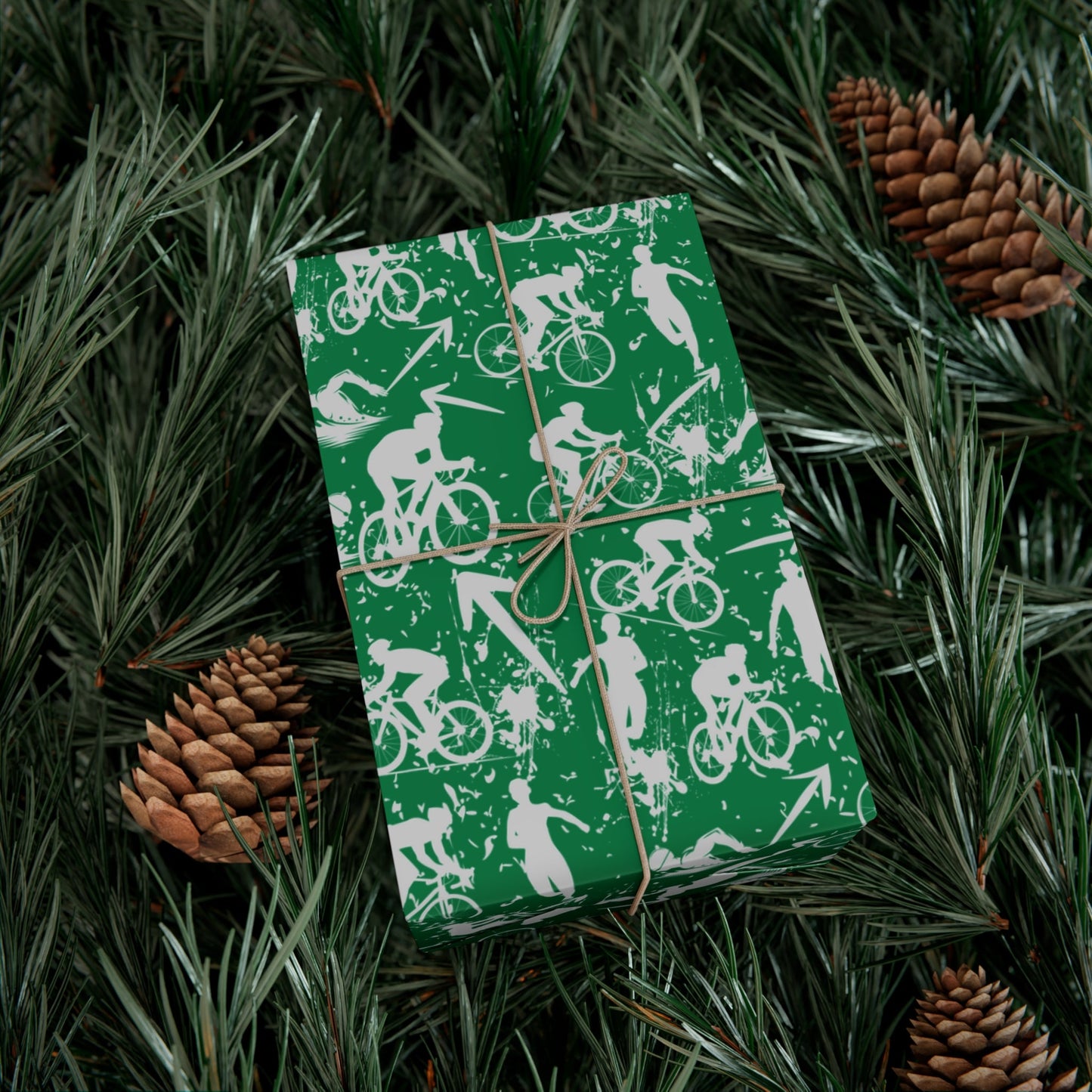 Swim Bike Run Pattern - Triathlon Themed Gift Wrapping Paper - Grey on Green - Forward Gear Athletics