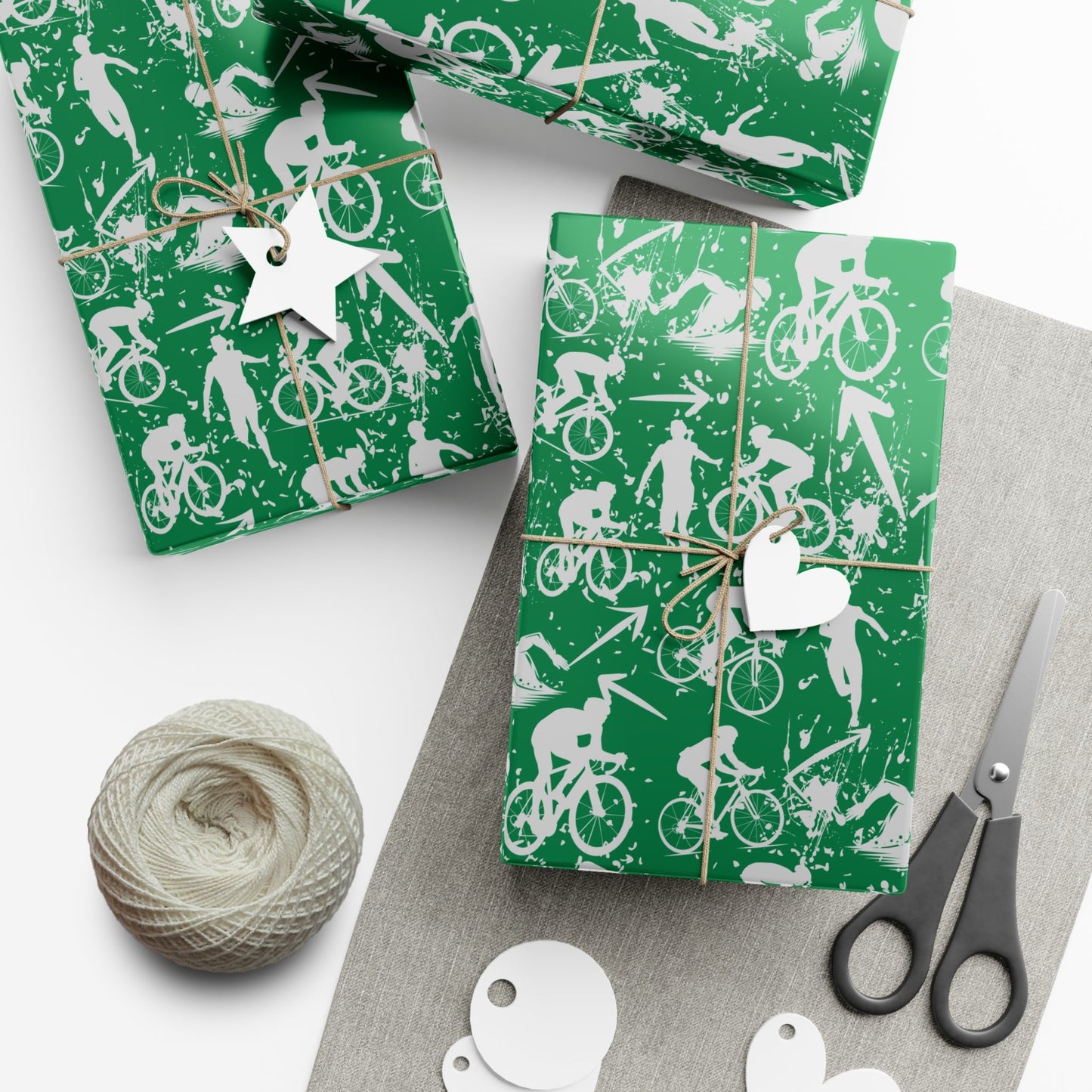 Swim Bike Run Pattern - Triathlon Themed Gift Wrapping Paper - Grey on Green - Forward Gear Athletics