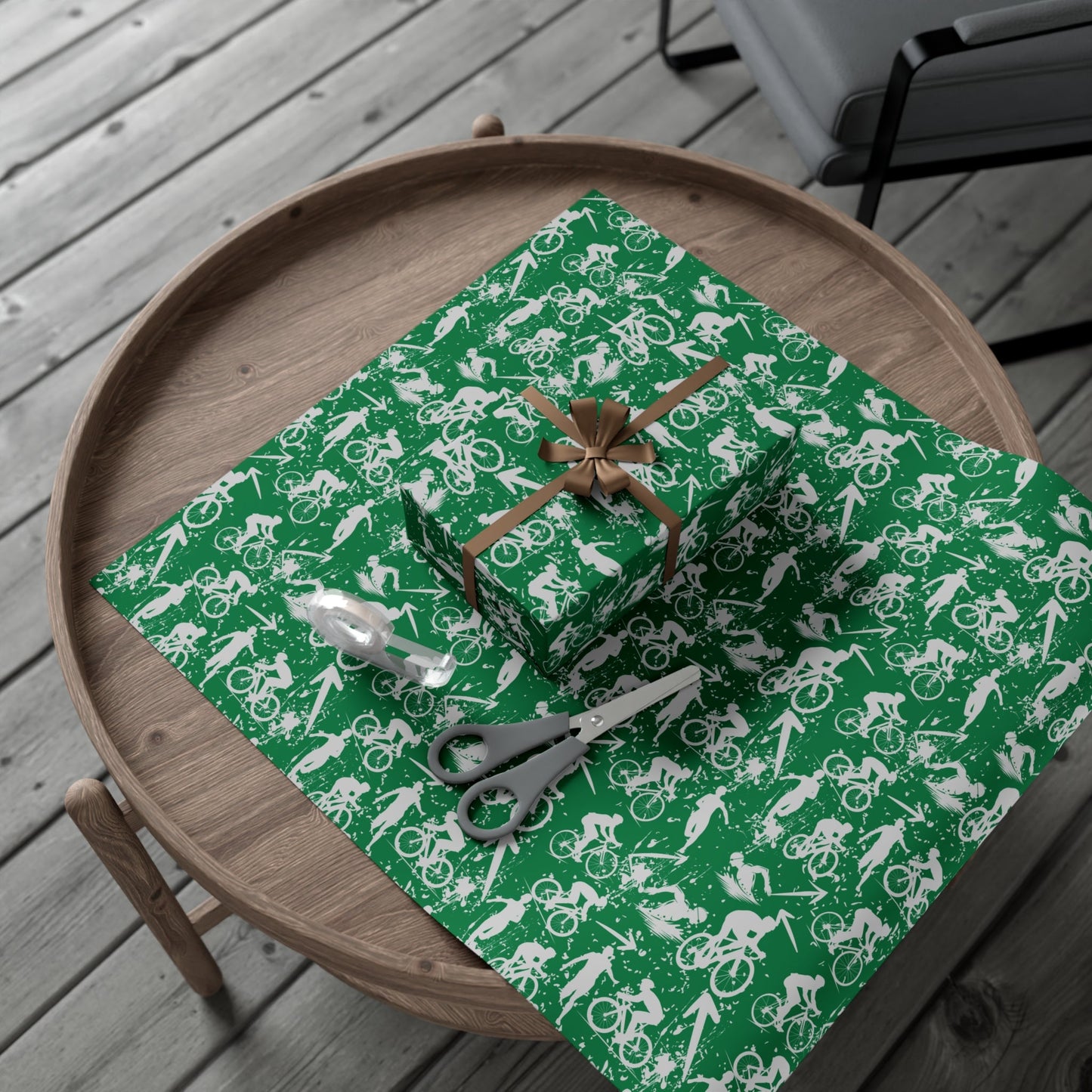 Swim Bike Run Pattern - Triathlon Themed Gift Wrapping Paper - Grey on Green - Forward Gear Athletics