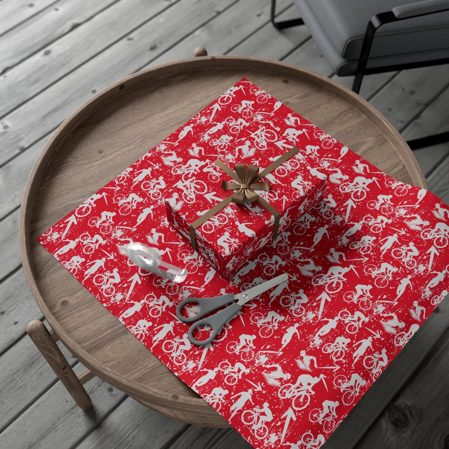 Swim Bike Run Pattern - Triathlon Themed Gift Wrapping Paper - Grey on Red - Forward Gear Athletics