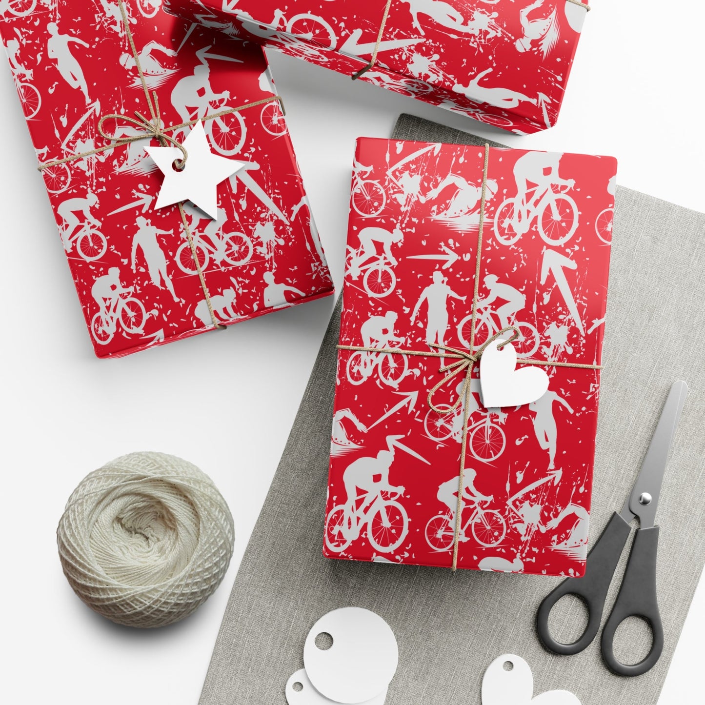 Swim Bike Run Pattern - Triathlon Themed Gift Wrapping Paper - Grey on Red - Forward Gear Athletics