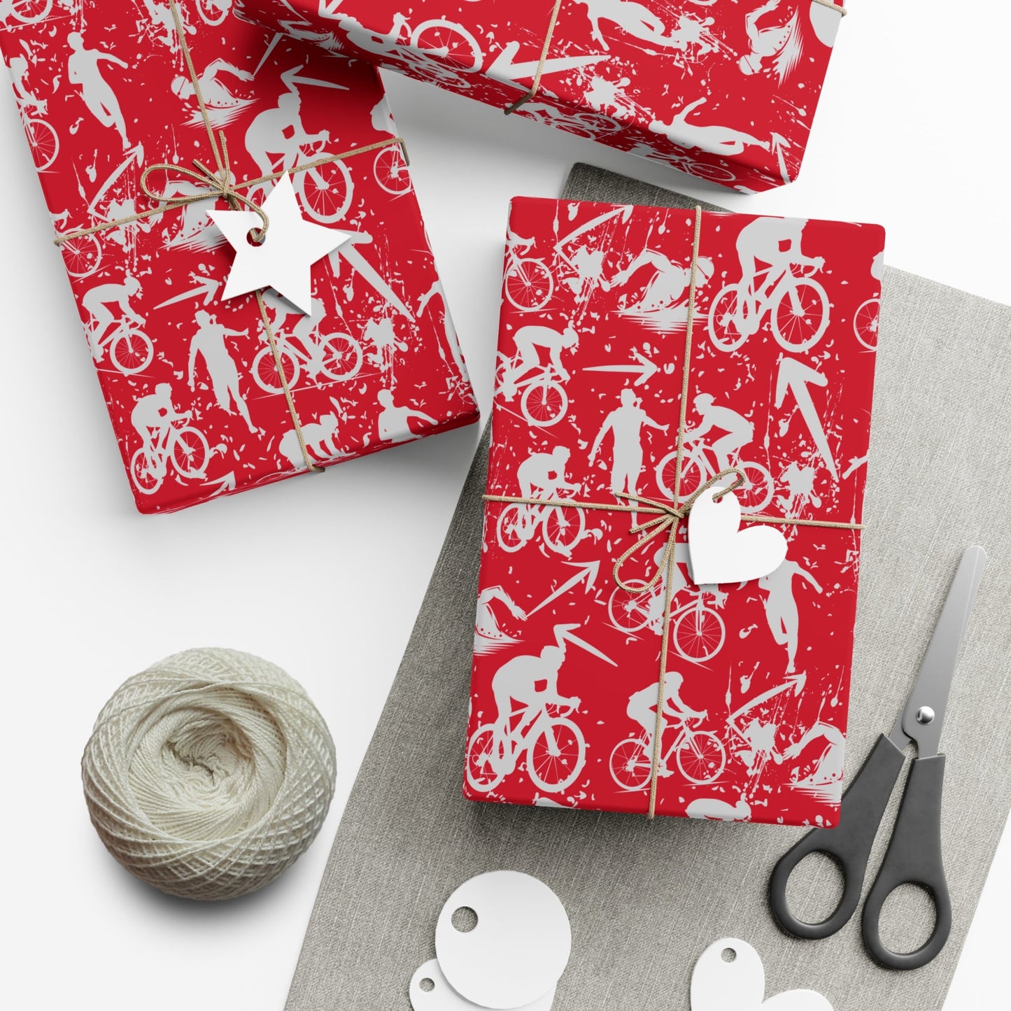 Swim Bike Run Pattern - Triathlon Themed Gift Wrapping Paper - Grey on Red - Forward Gear Athletics
