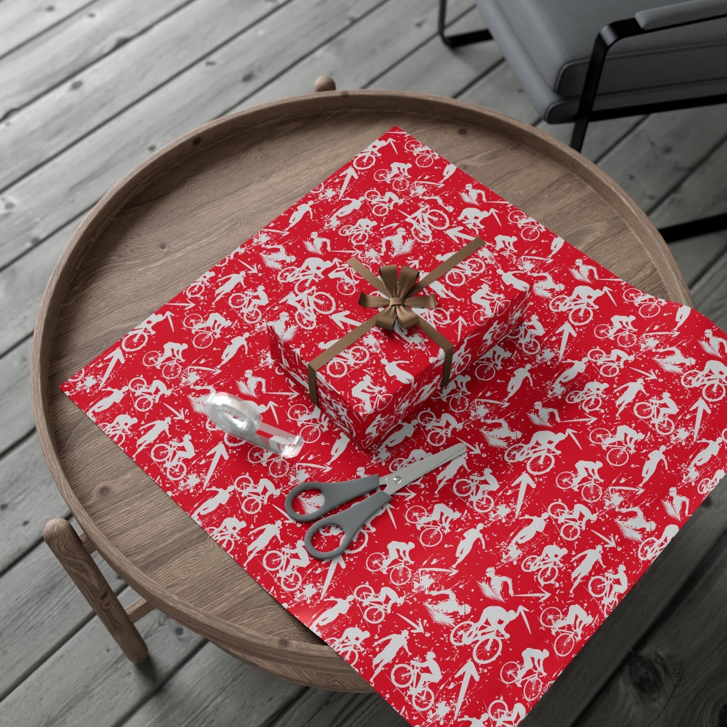 Swim Bike Run Pattern - Triathlon Themed Gift Wrapping Paper - Grey on Red - Forward Gear Athletics