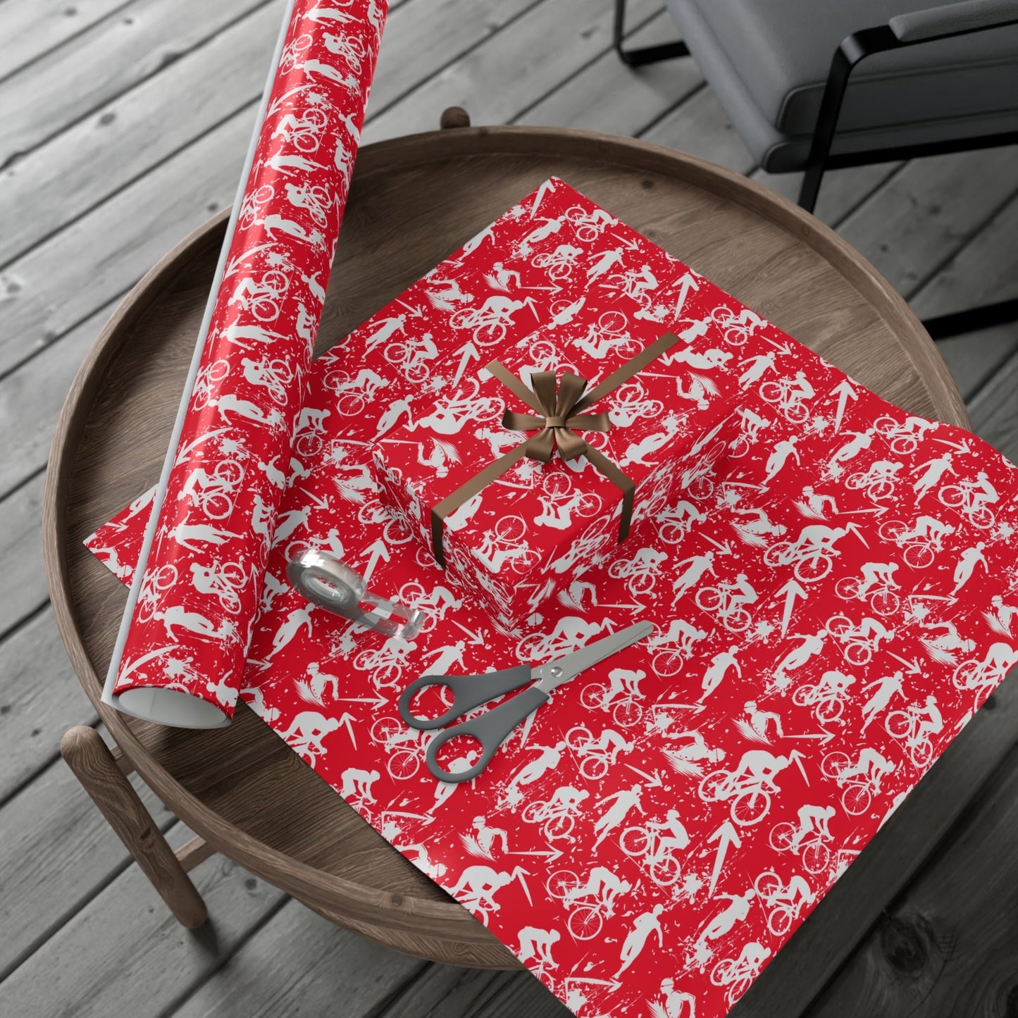 Swim Bike Run Pattern - Triathlon Themed Gift Wrapping Paper - Grey on Red - Forward Gear Athletics