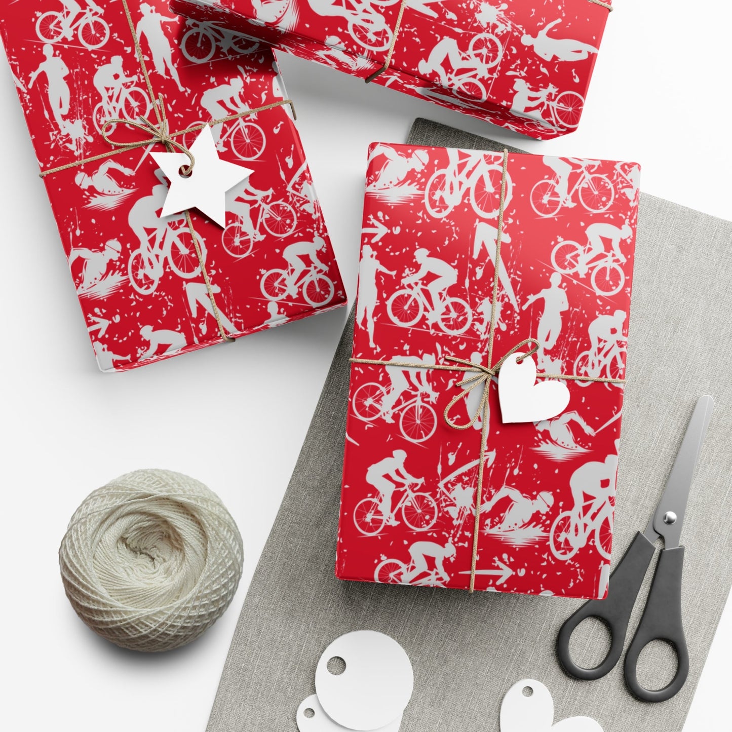 Swim Bike Run Pattern - Triathlon Themed Gift Wrapping Paper - Grey on Red - Forward Gear Athletics