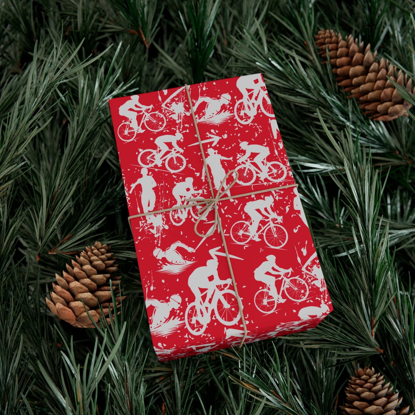 Swim Bike Run Pattern - Triathlon Themed Gift Wrapping Paper - Grey on Red - Forward Gear Athletics