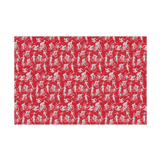 Swim Bike Run Pattern - Triathlon Themed Gift Wrapping Paper - Grey on Red - Forward Gear Athletics
