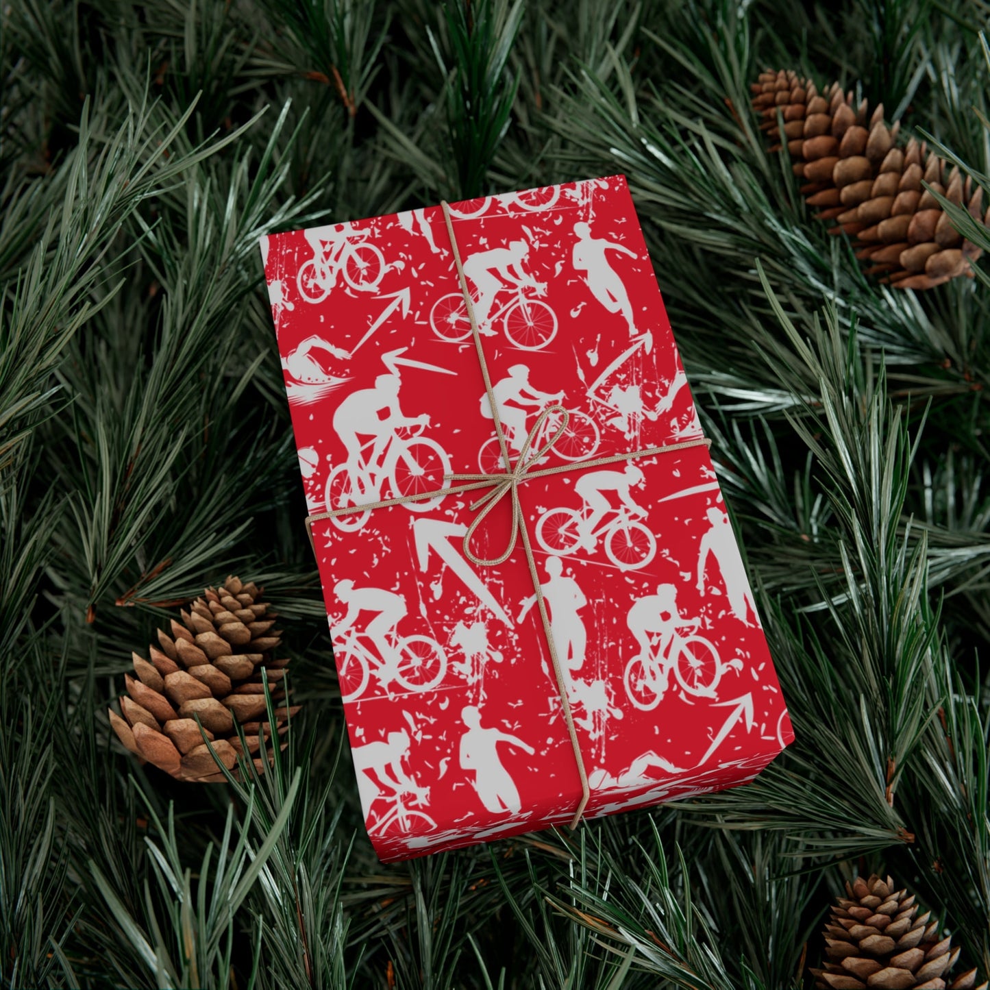 Swim Bike Run Pattern - Triathlon Themed Gift Wrapping Paper - Grey on Red - Forward Gear Athletics