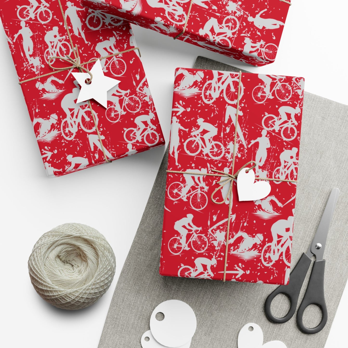 Swim Bike Run Pattern - Triathlon Themed Gift Wrapping Paper - Grey on Red - Forward Gear Athletics