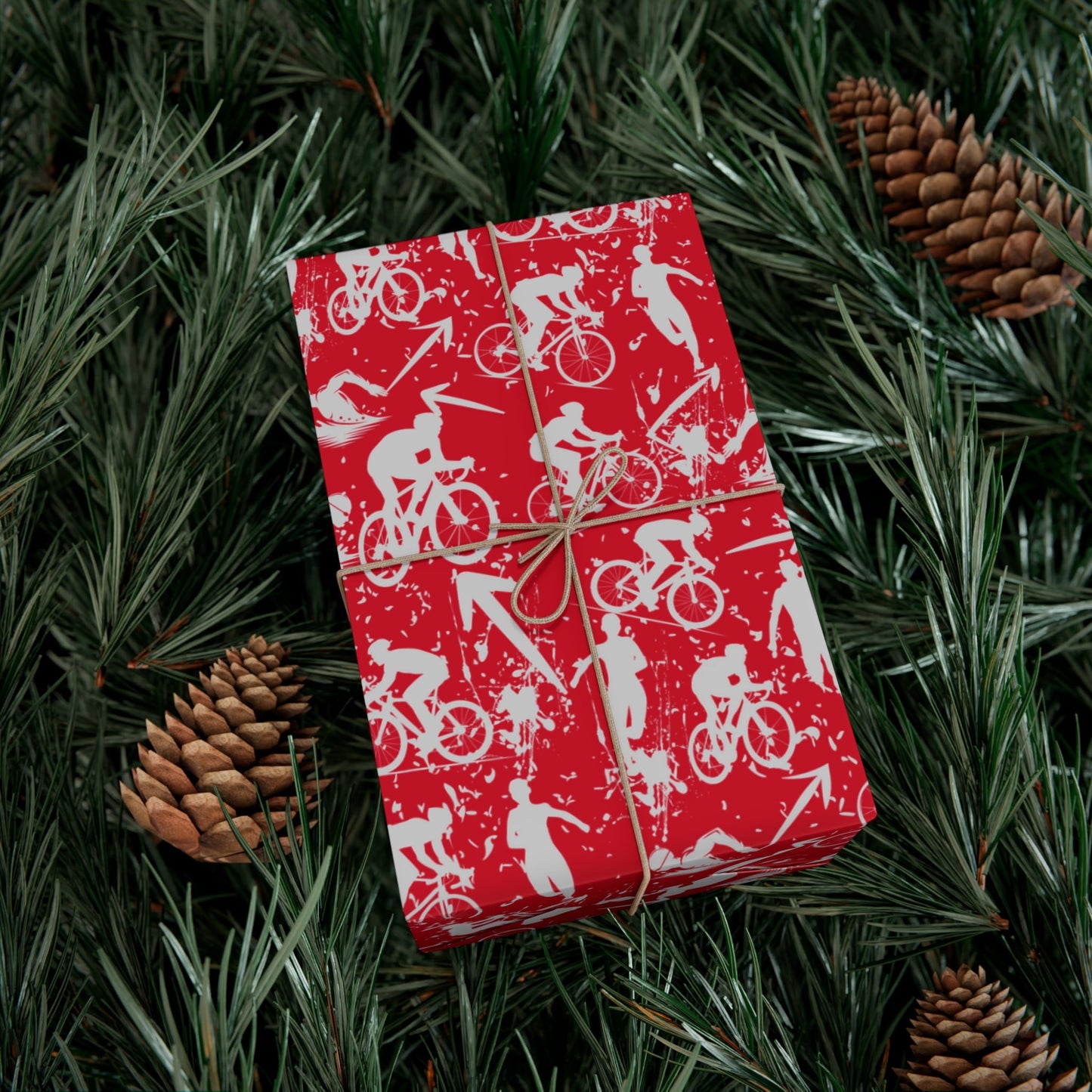 Swim Bike Run Pattern - Triathlon Themed Gift Wrapping Paper - Grey on Red - Forward Gear Athletics