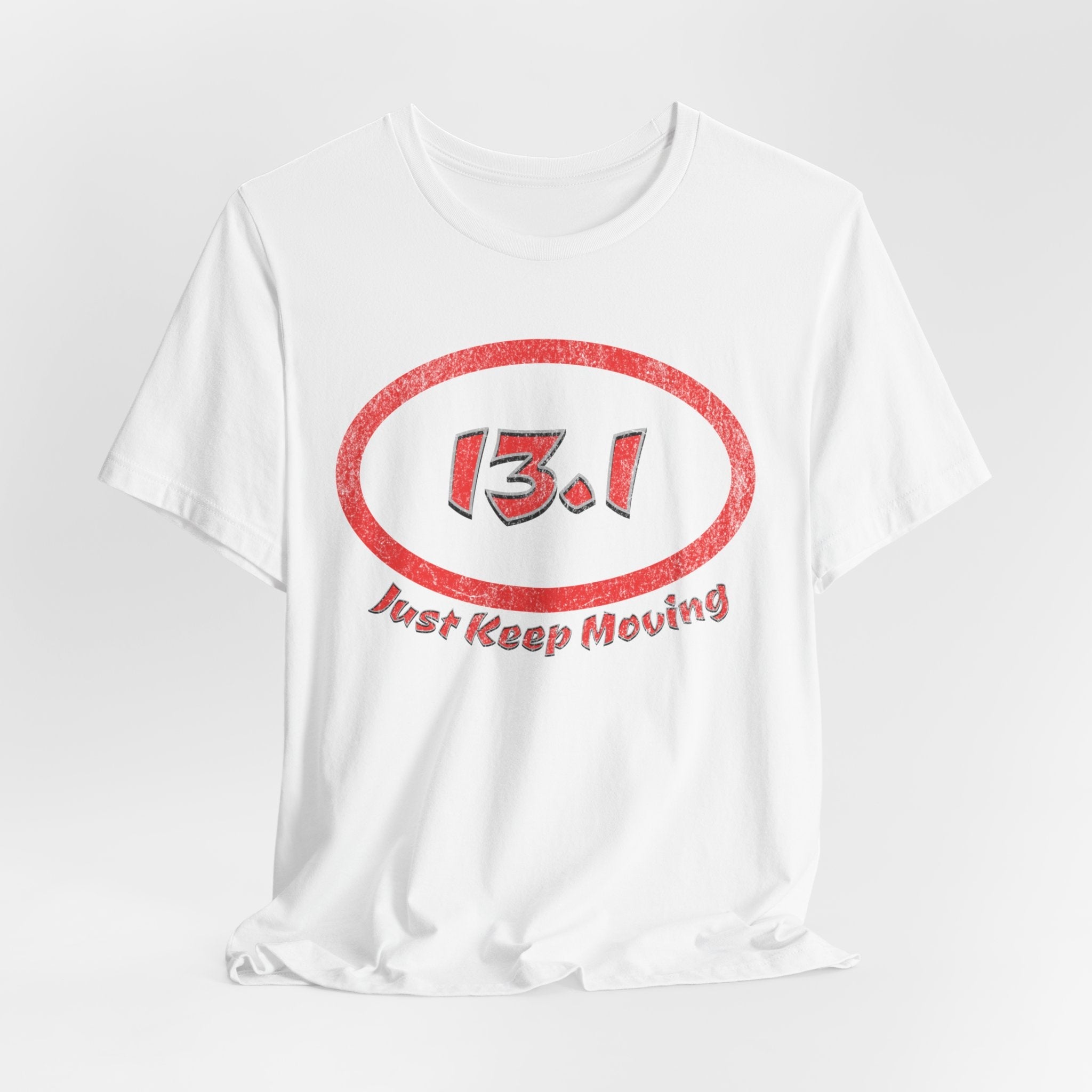 13.1 Marathon Distance Oval (Red w/Just Keep Moving) - Run T-Shirt - Forward Gear Athletics
