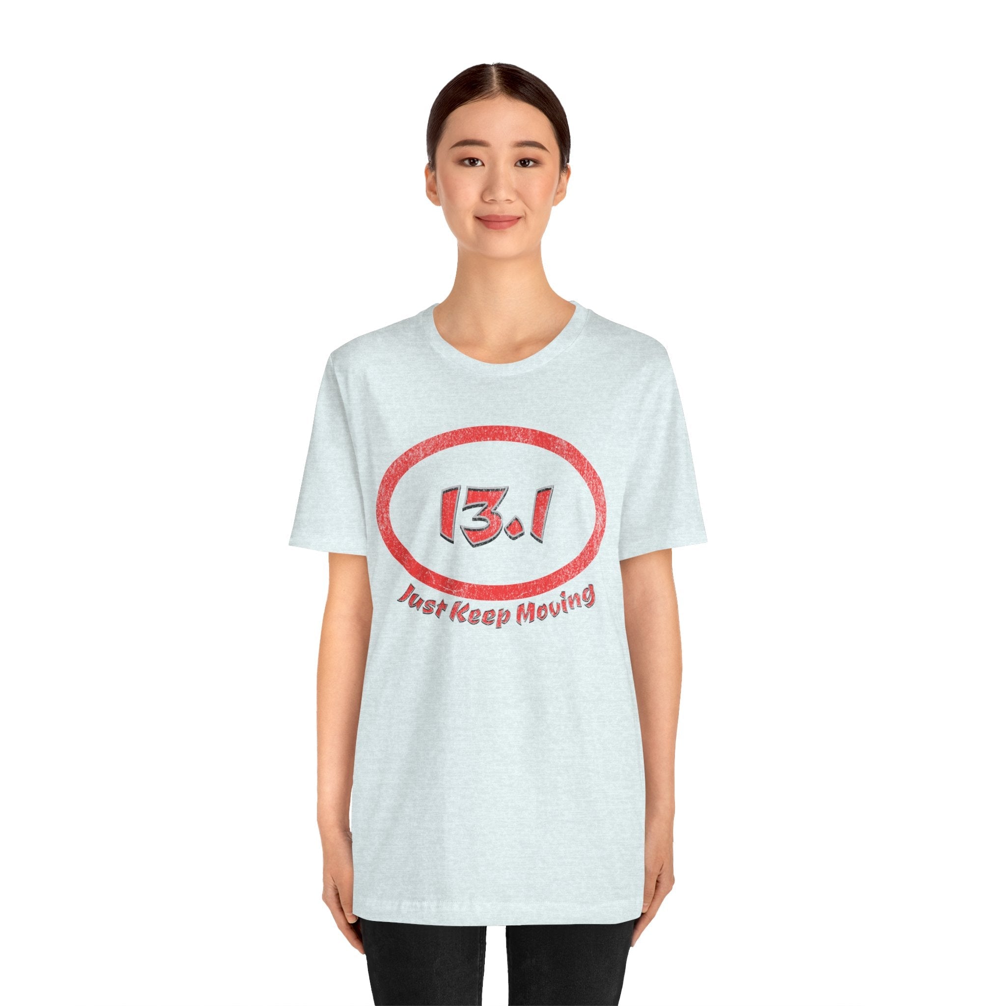 13.1 Marathon Distance Oval (Red w/Just Keep Moving) - Run T-Shirt - Forward Gear Athletics