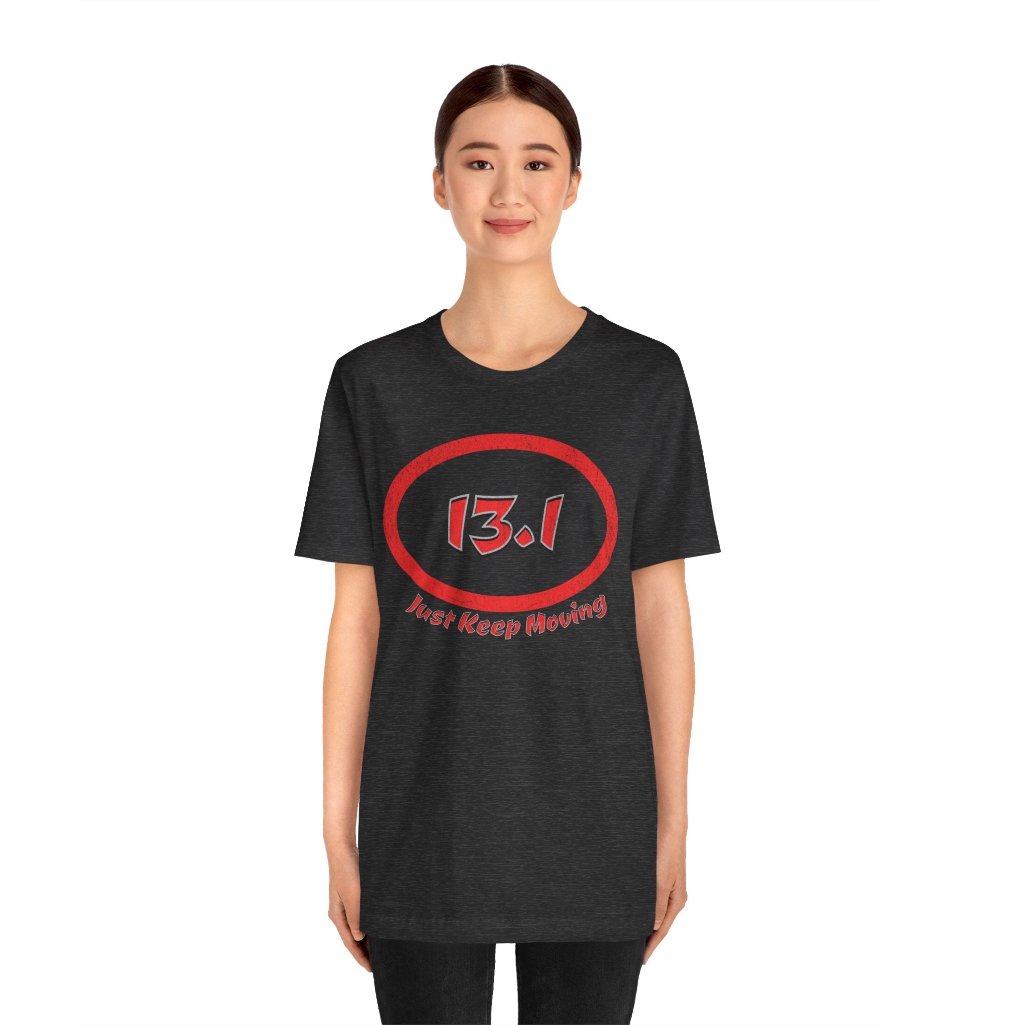 13.1 Marathon Distance Oval (Red w/Just Keep Moving) - Run T-Shirt - Forward Gear Athletics