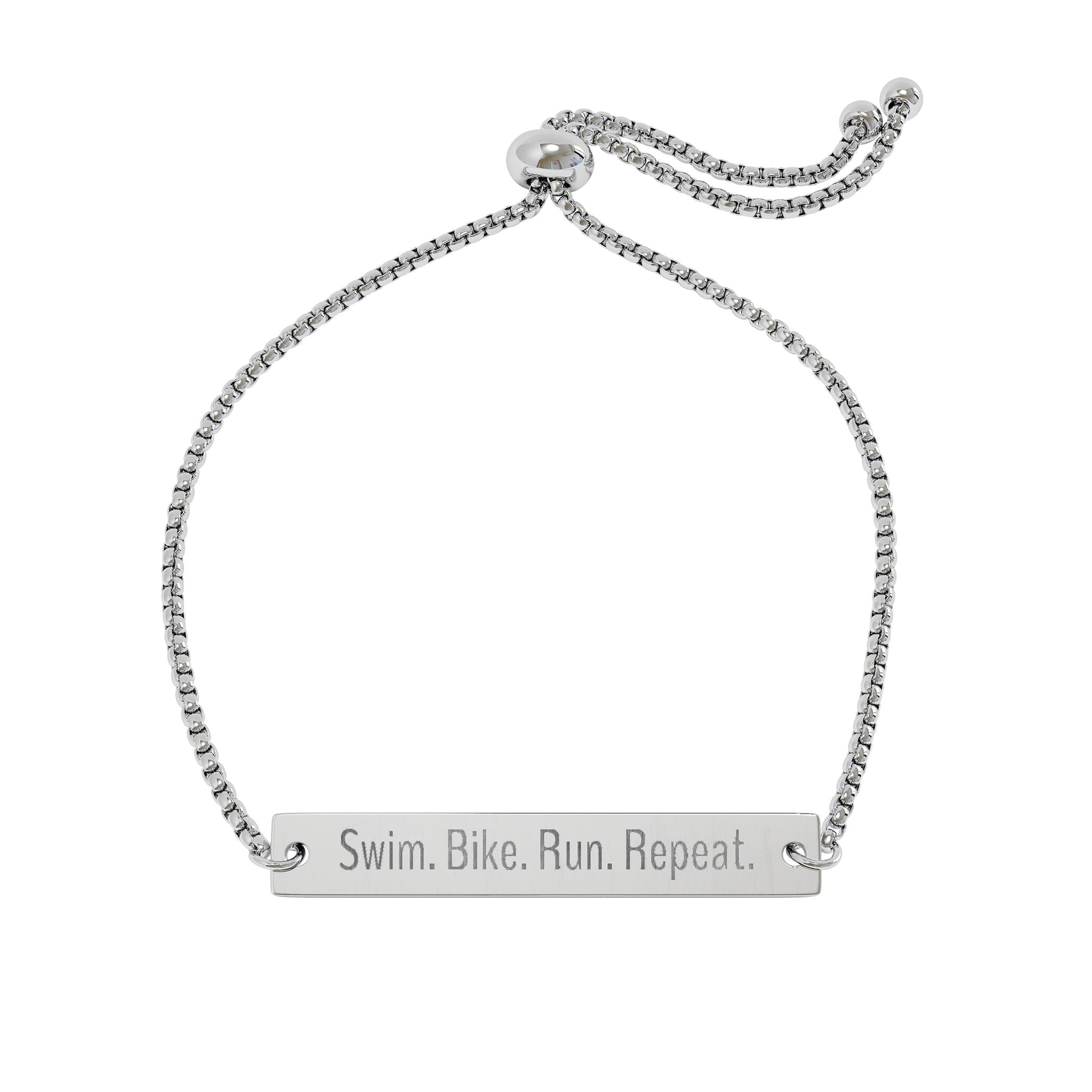 Engraved 'Swim. Bike. Run. Repeat.' Adjustable Bar Bracelet