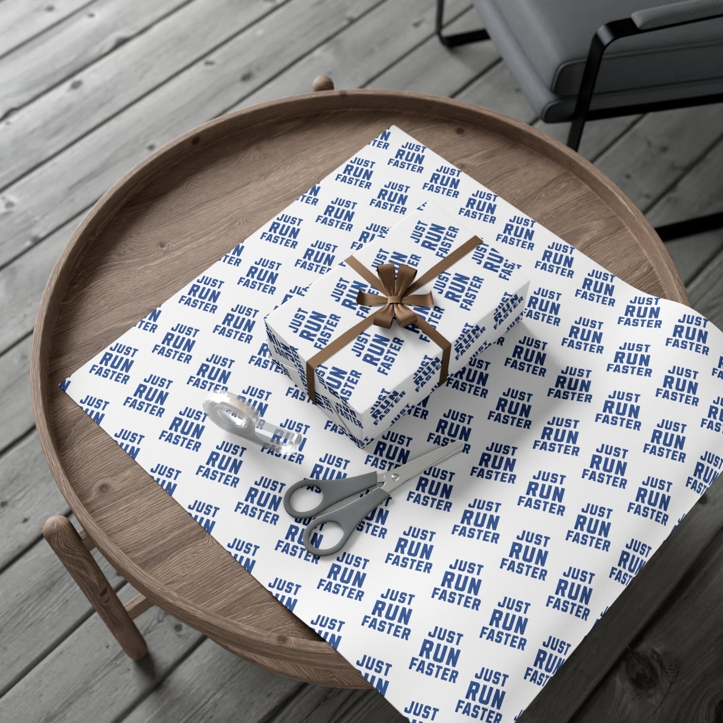 Just Run Faster - Running Themed Gift Wrapping Paper - Blue on White - Forward Gear Athletics