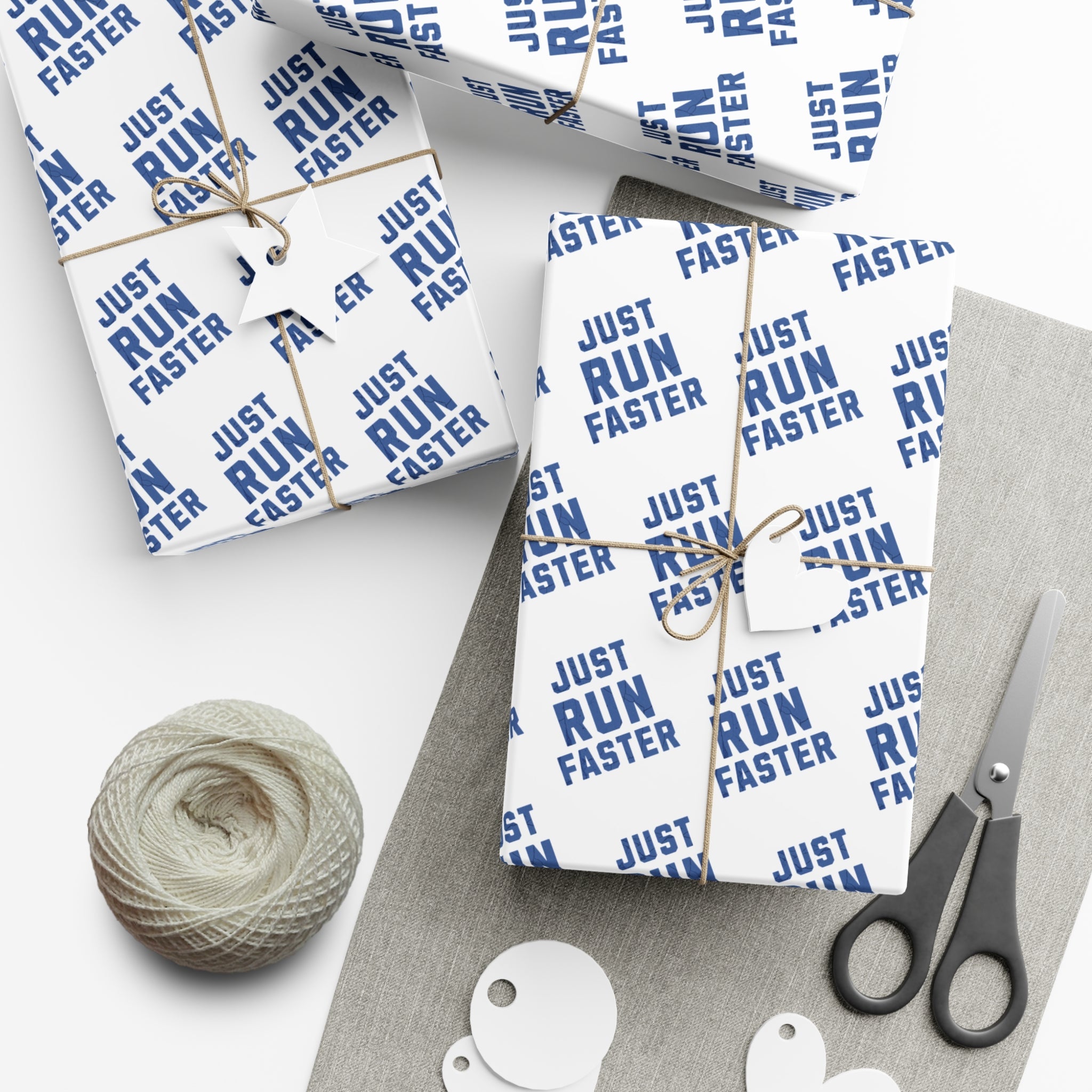 fas fa-gear Just Run Faster - Running Themed Gift Wrapping Paper - Blue on White