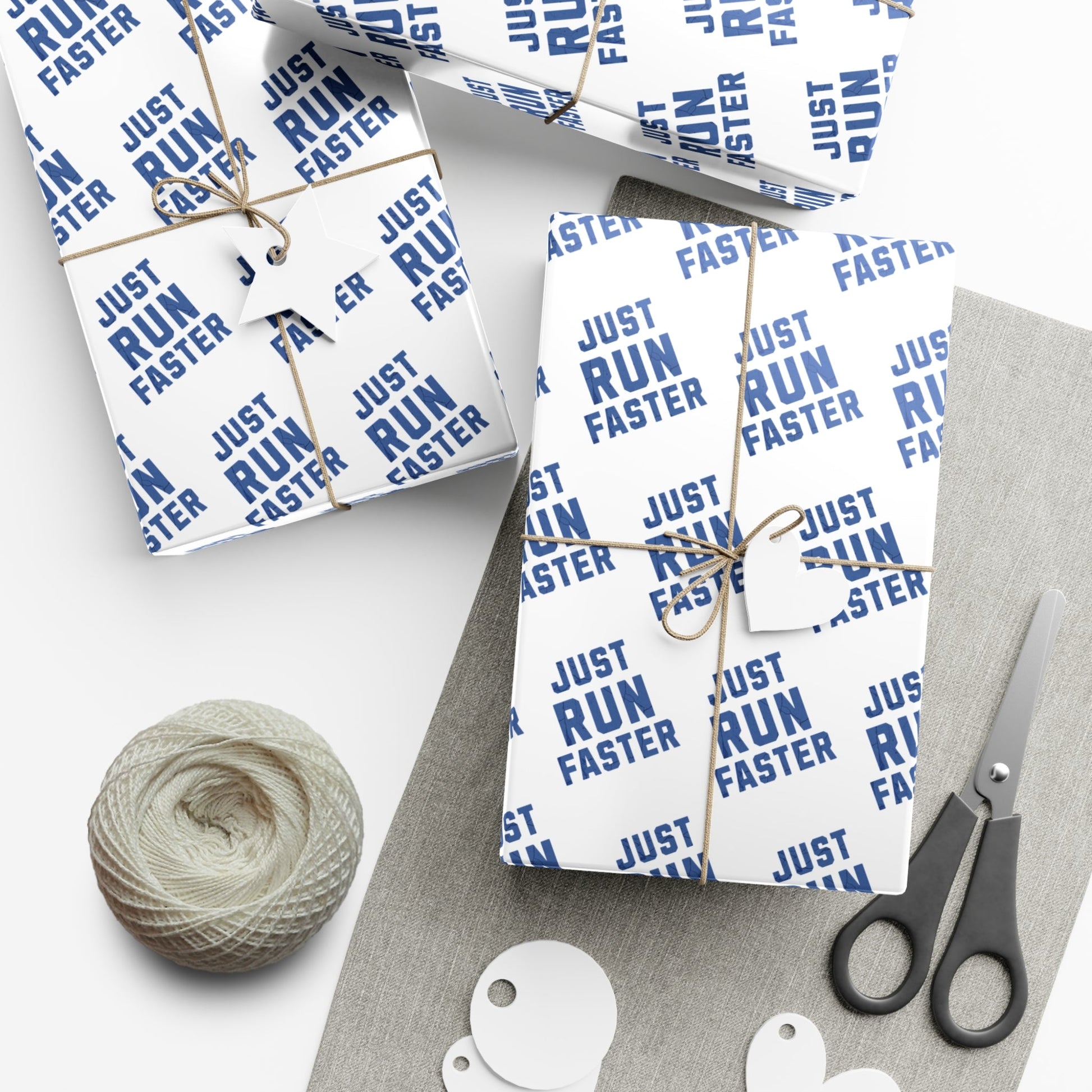 Just Run Faster - Running Themed Gift Wrapping Paper - Blue on White - Forward Gear Athletics