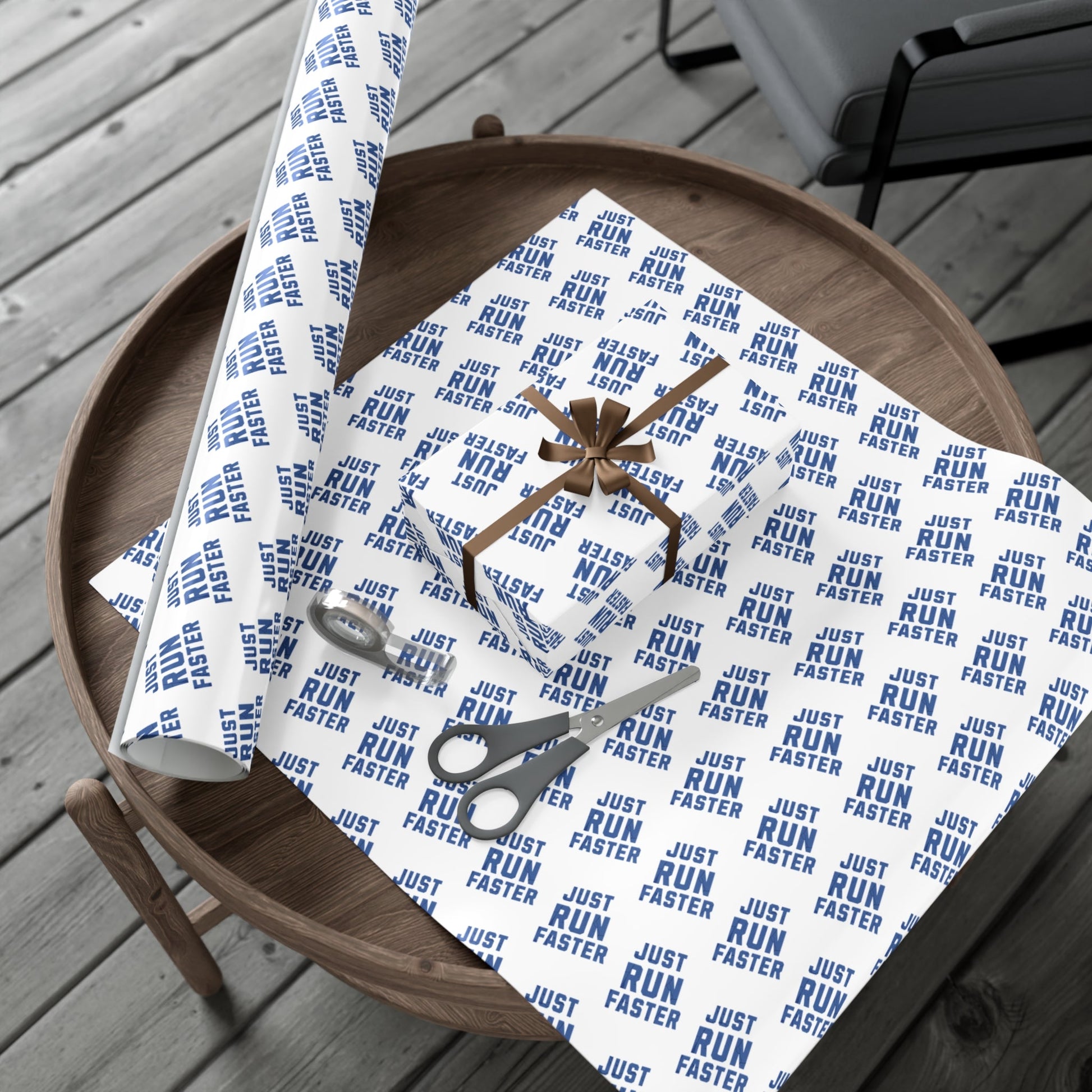 Just Run Faster - Running Themed Gift Wrapping Paper - Blue on White - Forward Gear Athletics