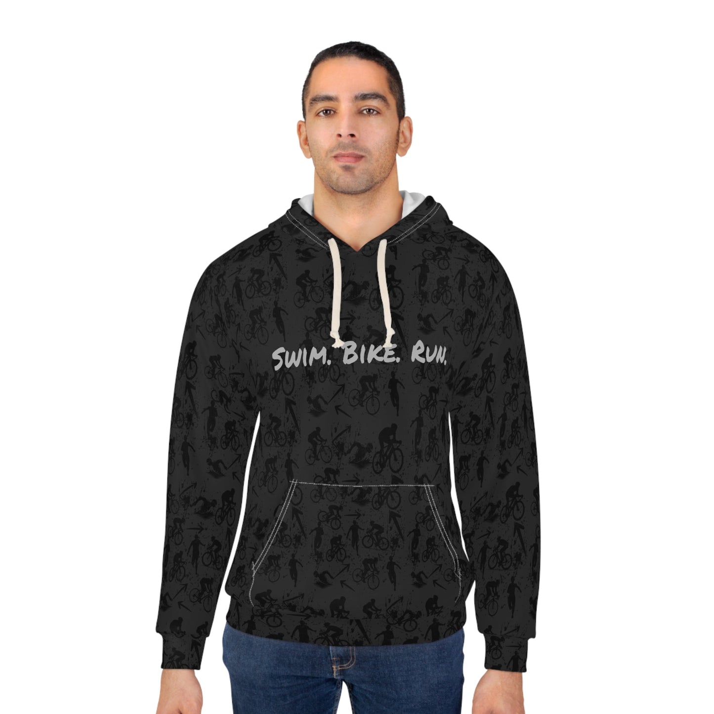 Swim Bike Run on Custom Triathlon Grudge Shadow Pattern - Unisex Pullover Hoodie - Forward Gear Athletics