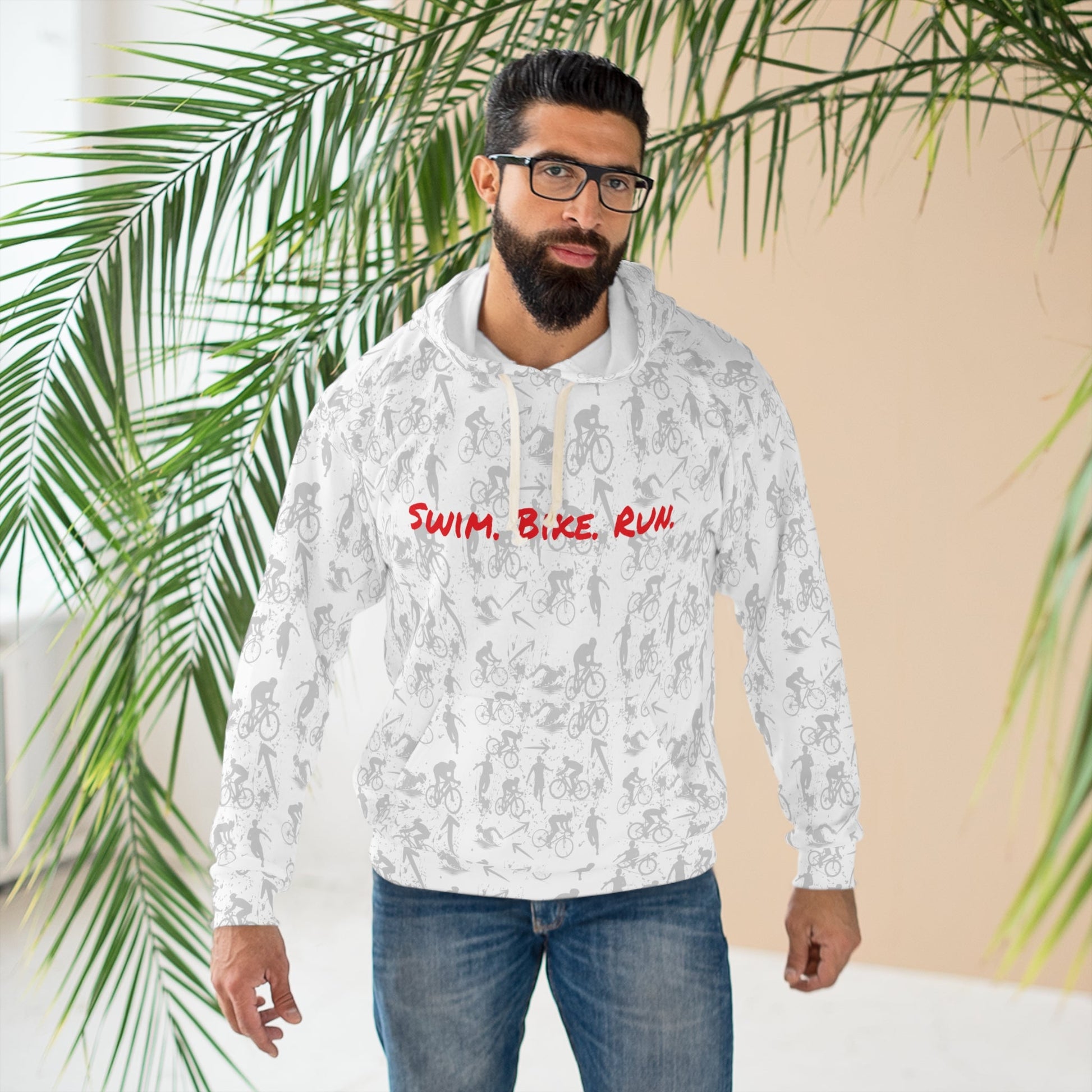 Swim Bike Run on Custom Triathlon Grudge White Pattern - Unisex Pullover Hoodie - Forward Gear Athletics