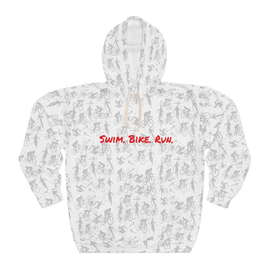 Swim Bike Run on Custom Triathlon Grudge White Pattern - Unisex Pullover Hoodie - Forward Gear Athletics