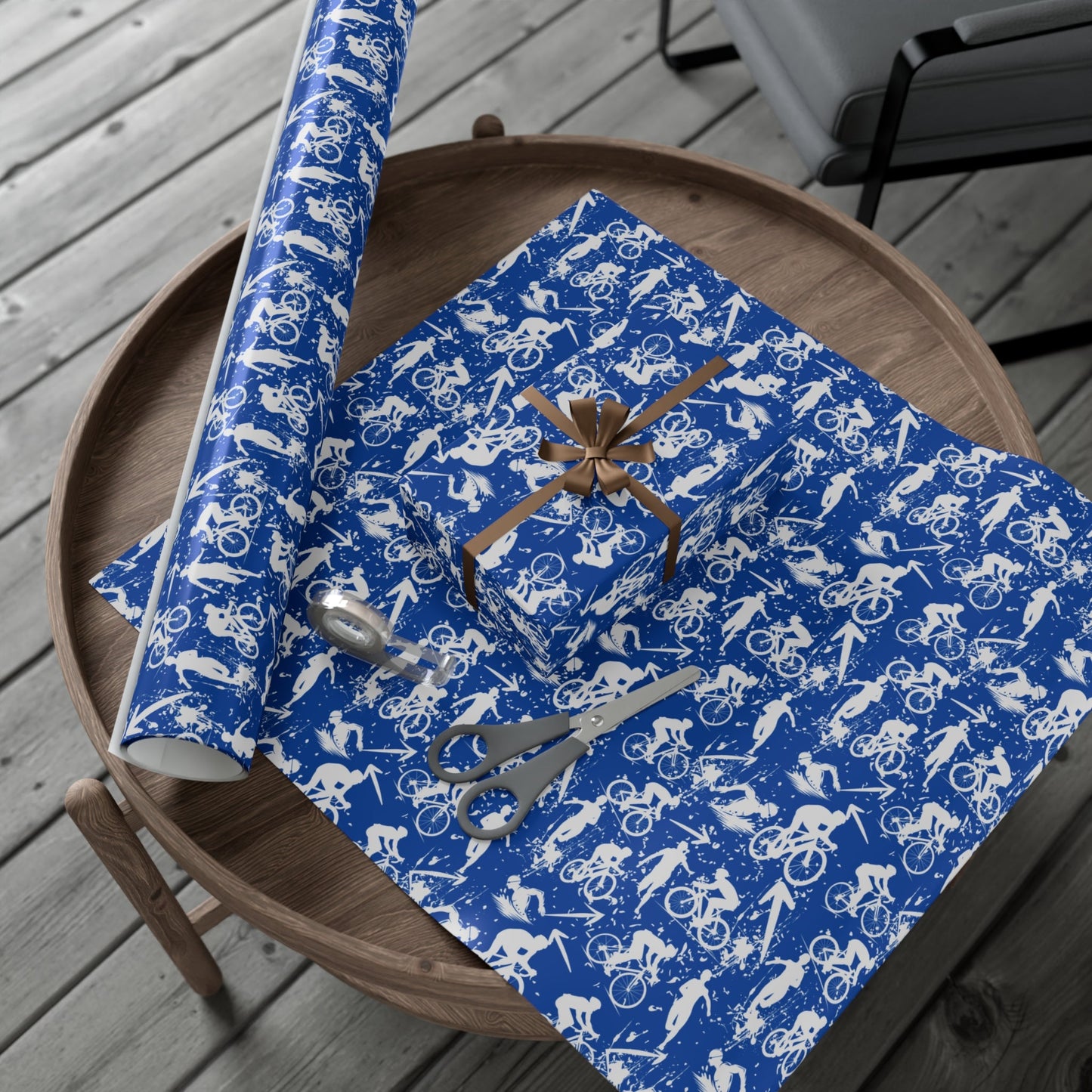 Swim Bike Run Pattern - Triathlon Themed Gift Wrapping Paper - Grey on Blue - Forward Gear Athletics