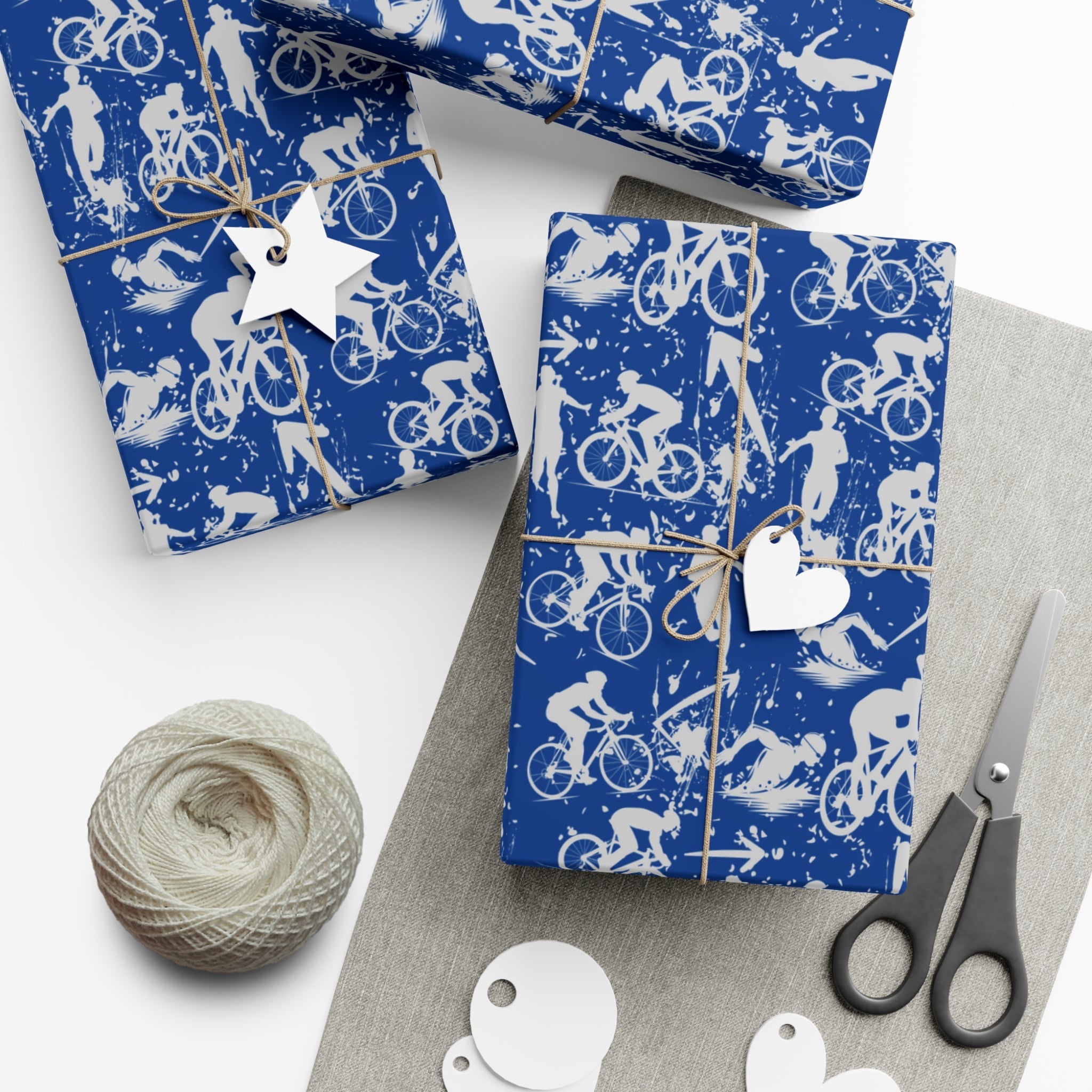Swim Bike Run Pattern - Triathlon Themed Gift Wrapping Paper - Grey on Blue - Forward Gear Athletics