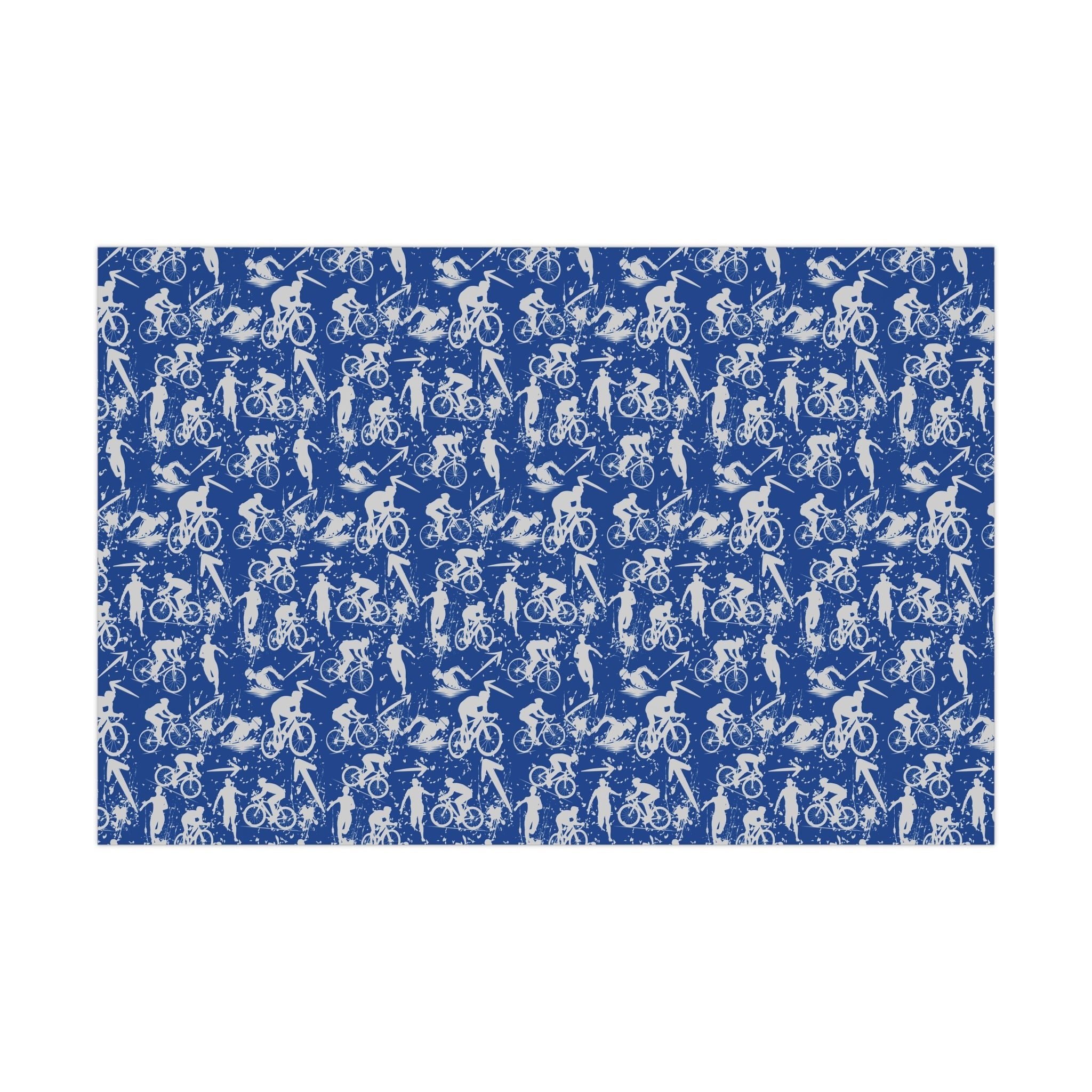 Swim Bike Run Pattern - Triathlon Themed Gift Wrapping Paper - Grey on Blue - Forward Gear Athletics