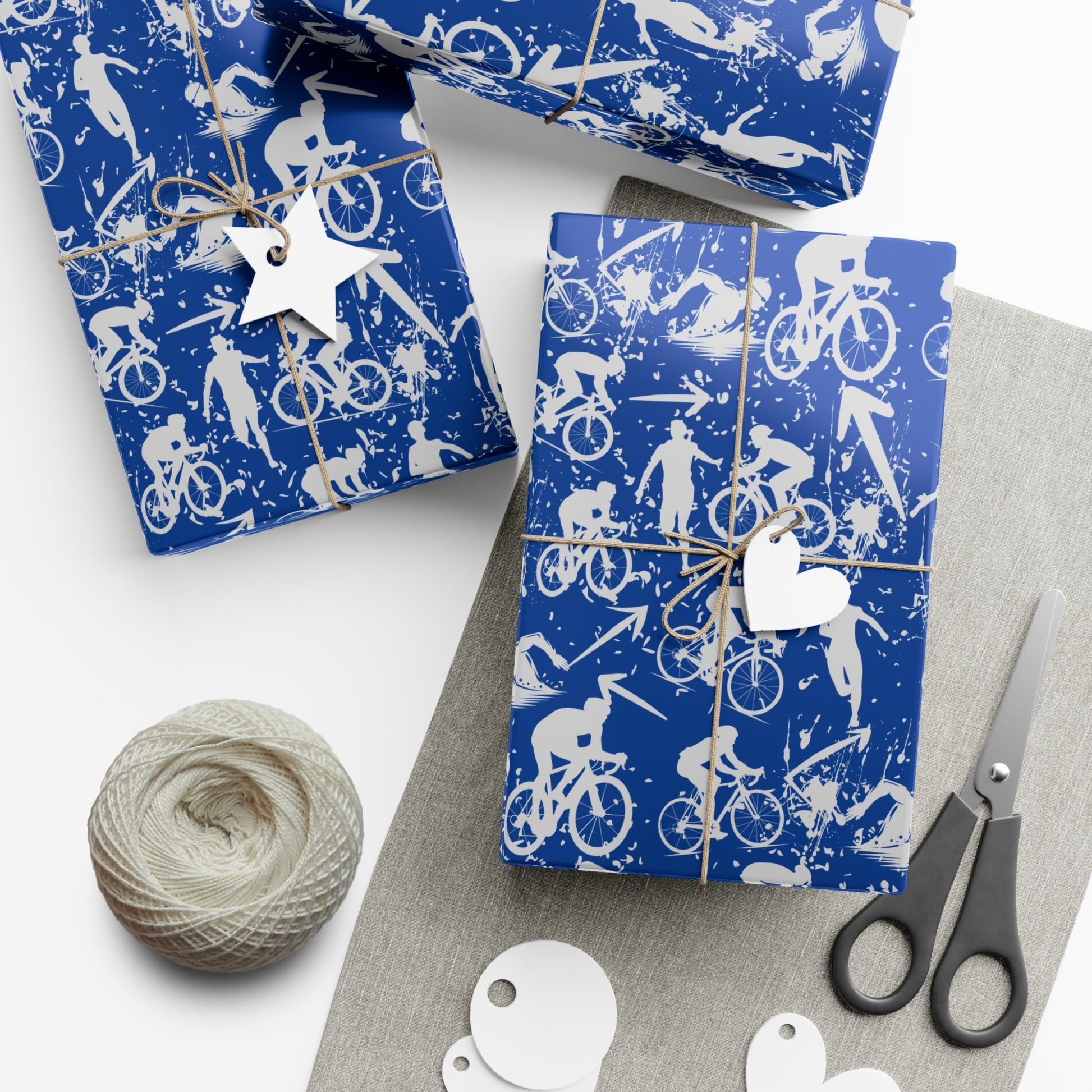 Swim Bike Run Pattern - Triathlon Themed Gift Wrapping Paper - Grey on Blue - Forward Gear Athletics