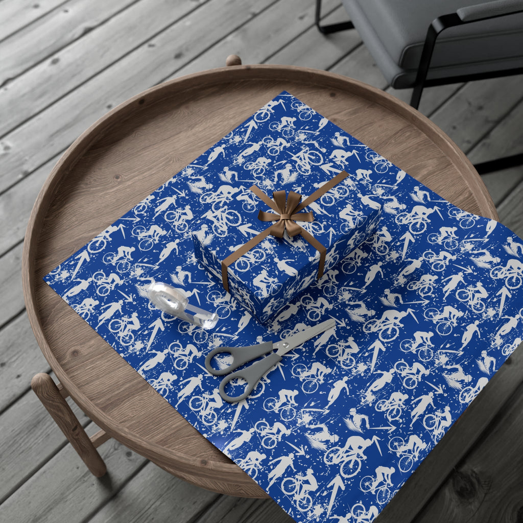 Swim Bike Run Pattern - Triathlon Themed Gift Wrapping Paper - Grey on Blue - Forward Gear Athletics