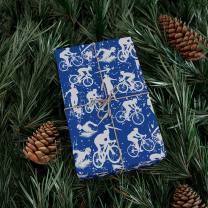 Swim Bike Run Pattern - Triathlon Themed Gift Wrapping Paper - Grey on Blue - Forward Gear Athletics