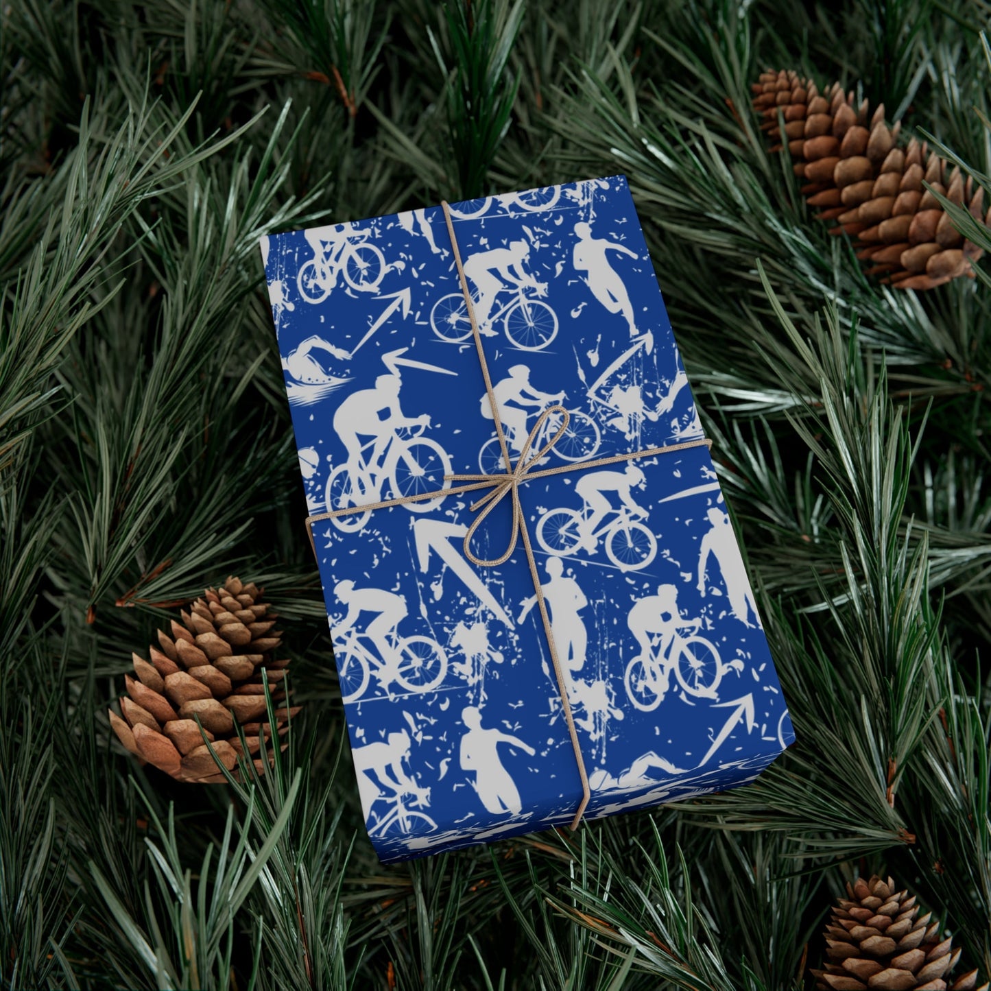 Swim Bike Run Pattern - Triathlon Themed Gift Wrapping Paper - Grey on Blue - Forward Gear Athletics