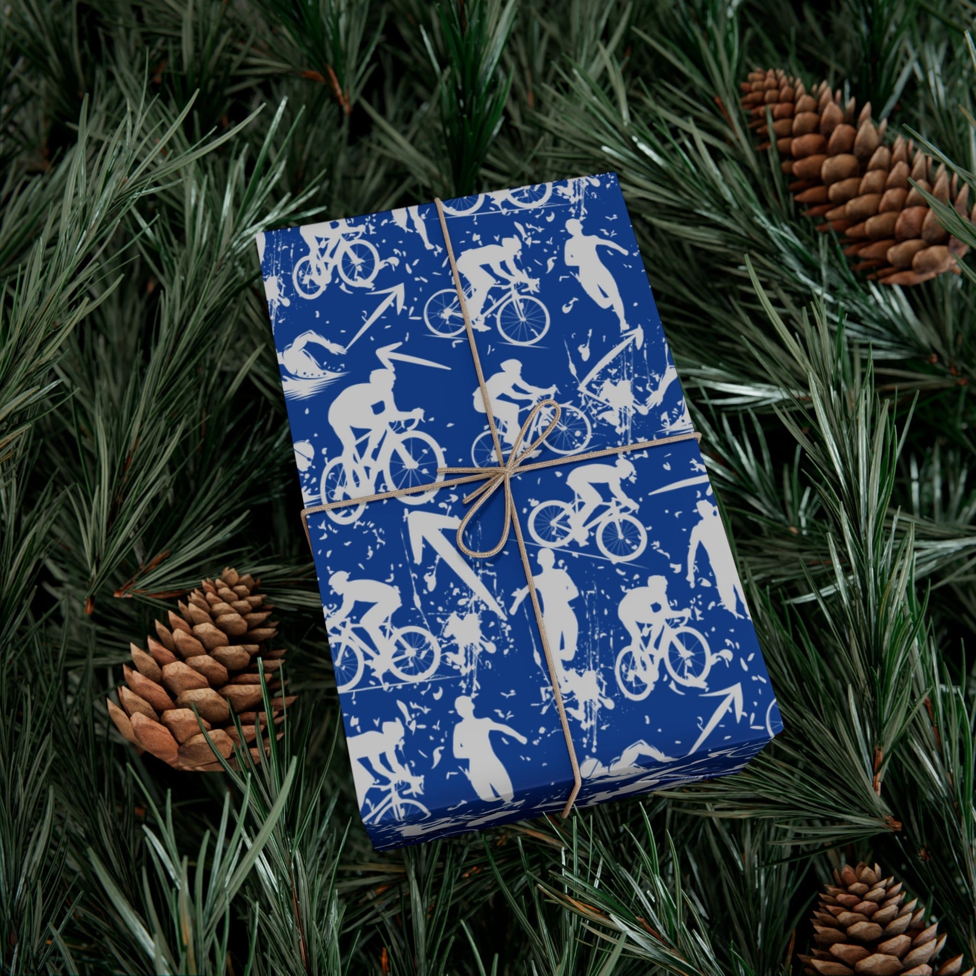 Swim Bike Run Pattern - Triathlon Themed Gift Wrapping Paper - Grey on Blue - Forward Gear Athletics