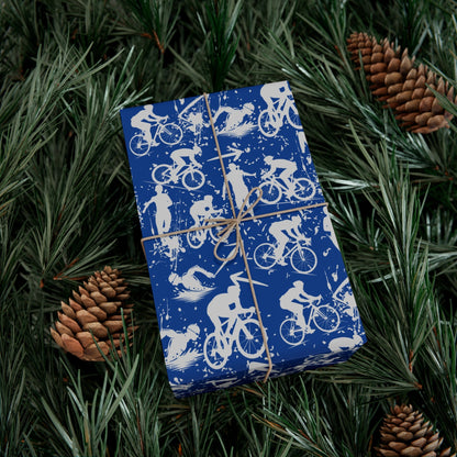 Swim Bike Run Pattern - Triathlon Themed Gift Wrapping Paper - Grey on Blue - Forward Gear Athletics