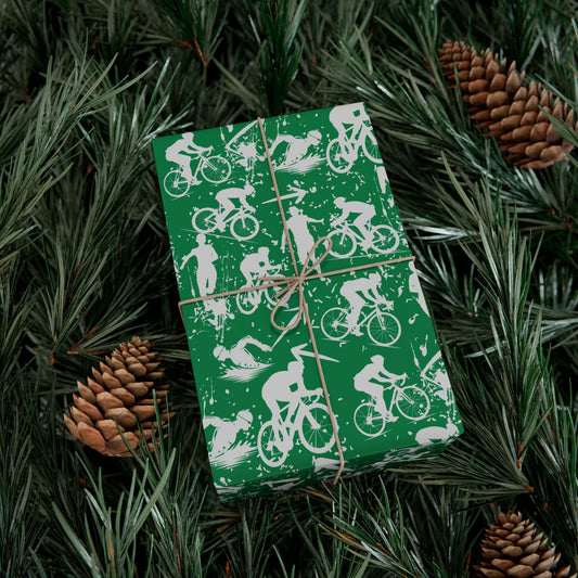 Swim Bike Run Pattern - Triathlon Themed Gift Wrapping Paper - Grey on Green - Forward Gear Athletics