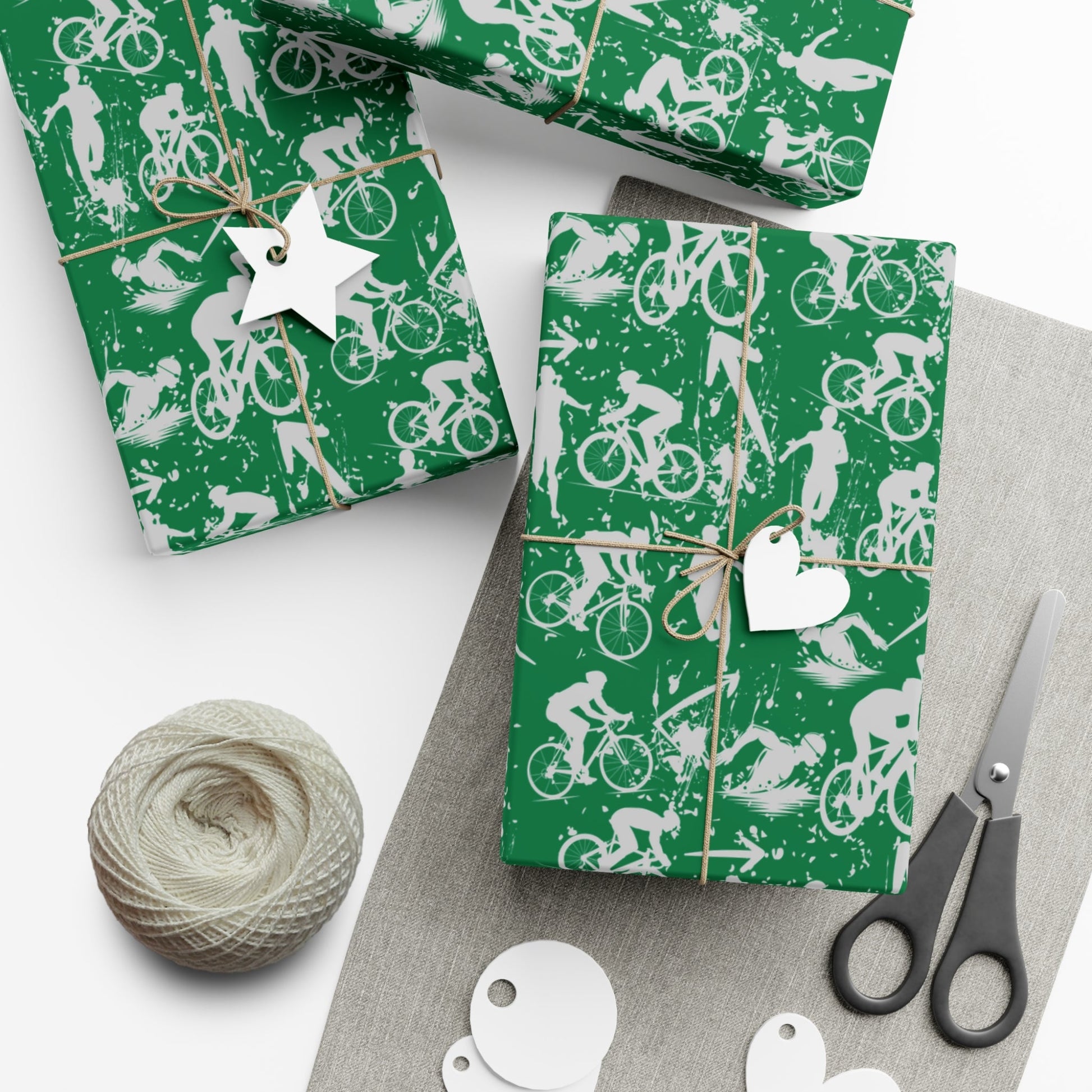 Swim Bike Run Pattern - Triathlon Themed Gift Wrapping Paper - Grey on Green - Forward Gear Athletics