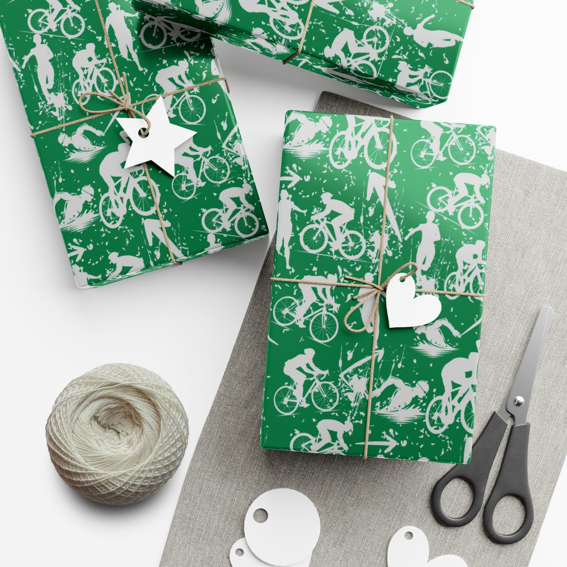 Swim Bike Run Pattern - Triathlon Themed Gift Wrapping Paper - Grey on Green - Forward Gear Athletics