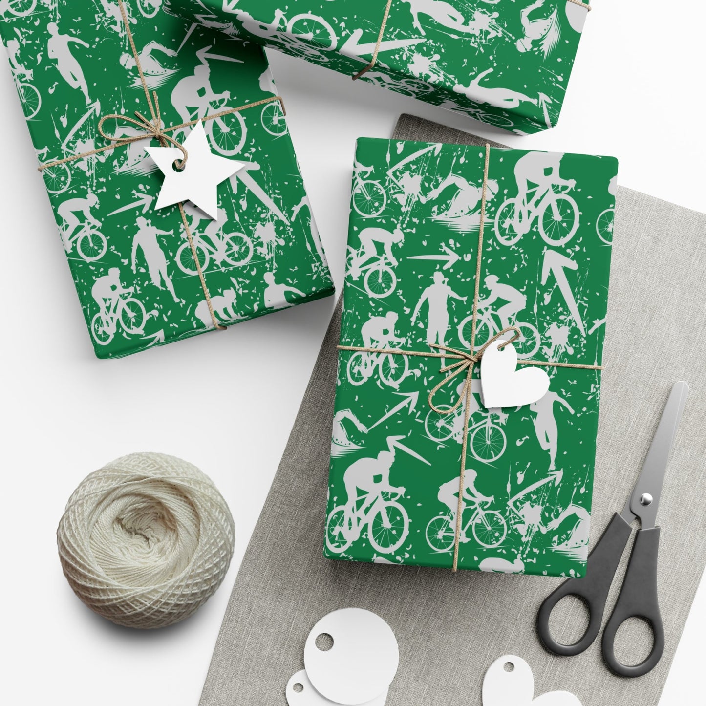 Swim Bike Run Pattern - Triathlon Themed Gift Wrapping Paper - Grey on Green - Forward Gear Athletics