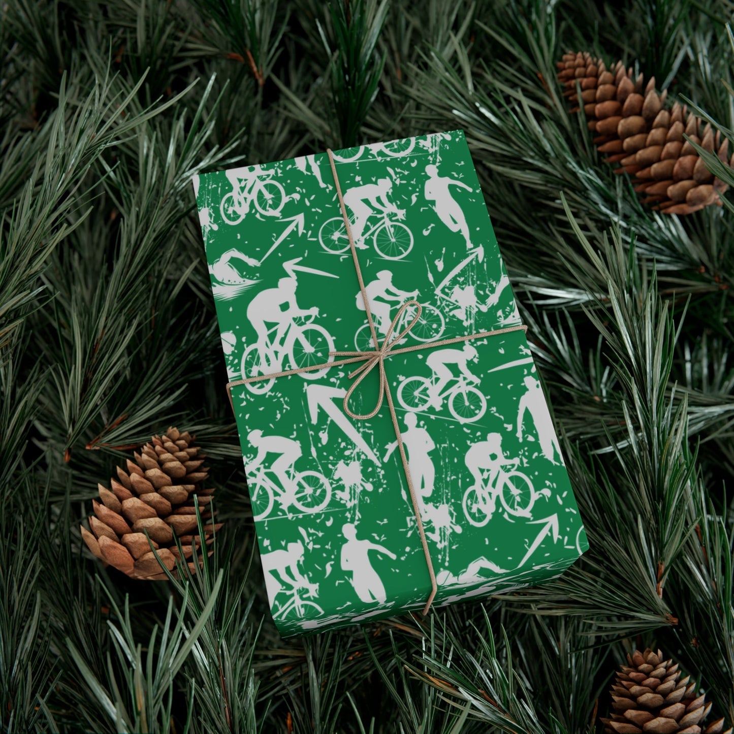 Swim Bike Run Pattern - Triathlon Themed Gift Wrapping Paper - Grey on Green - Forward Gear Athletics